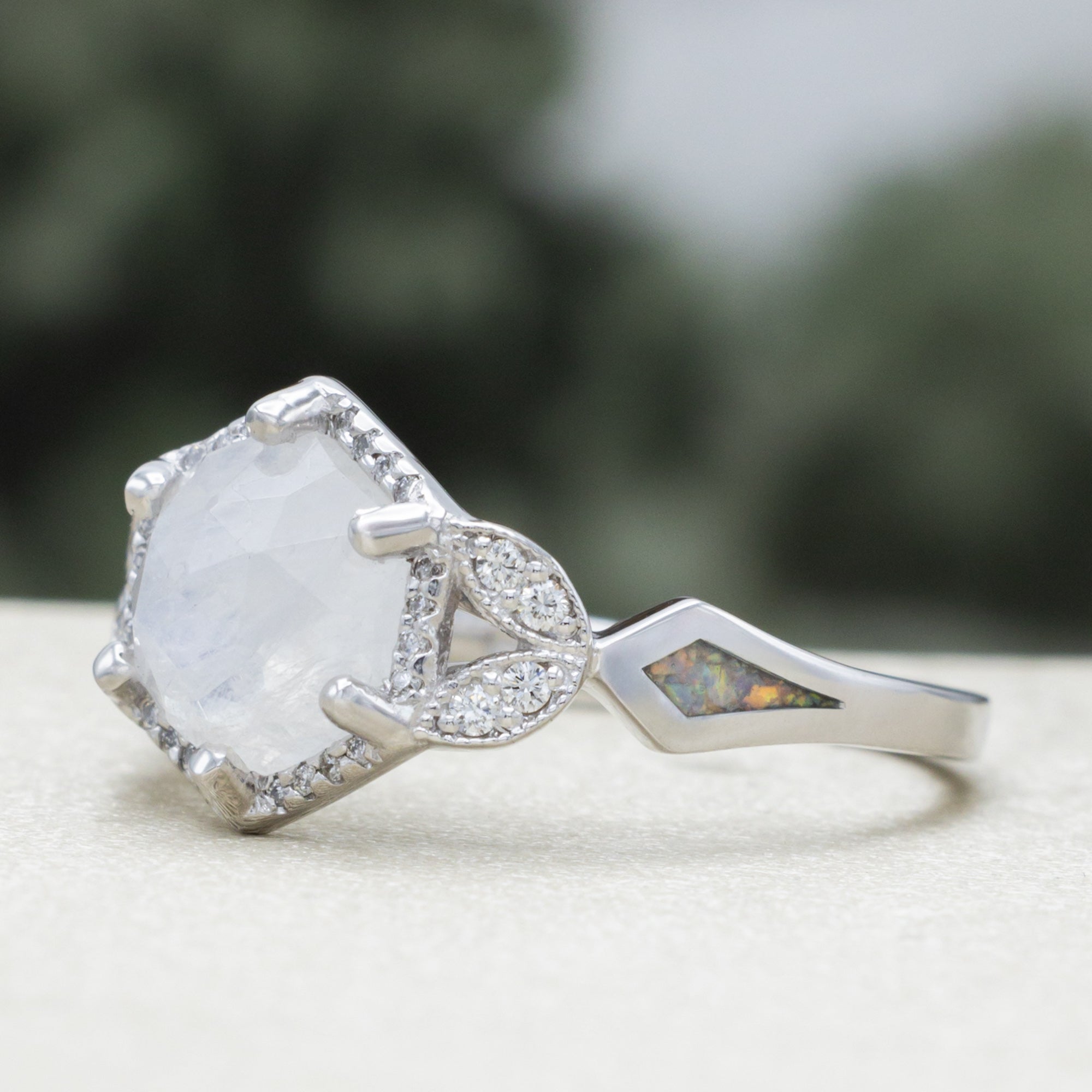 "Lucy In The Sky" - Faceted Hexagon Cut Moonstone Wedding Band With Diamond Halo, Custom Inlays & A Diamond Tracer-Staghead Designs