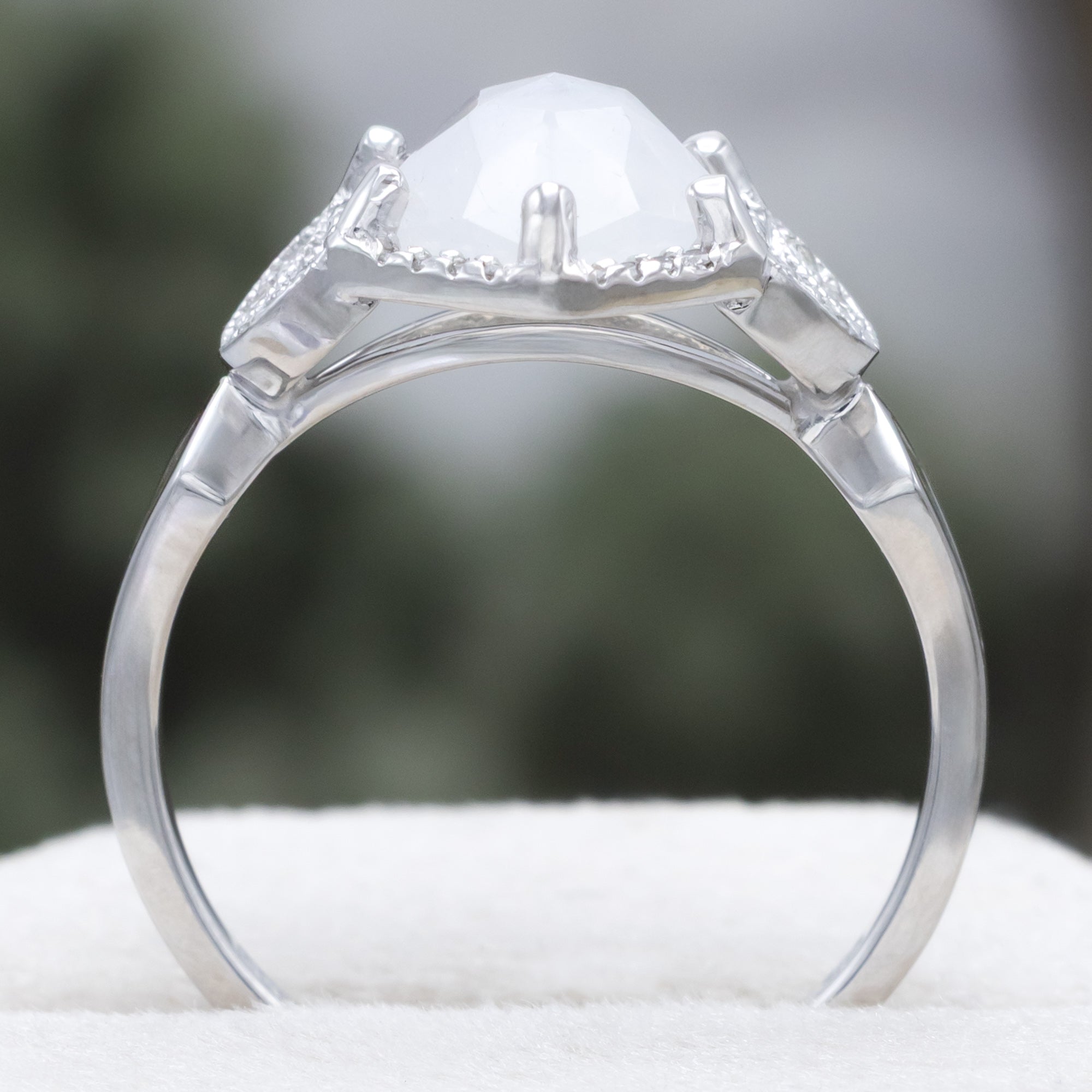 "Lucy In The Sky" - Faceted Hexagon Cut Moonstone Wedding Band With Diamond Halo, Custom Inlays & A Diamond Tracer-Staghead Designs