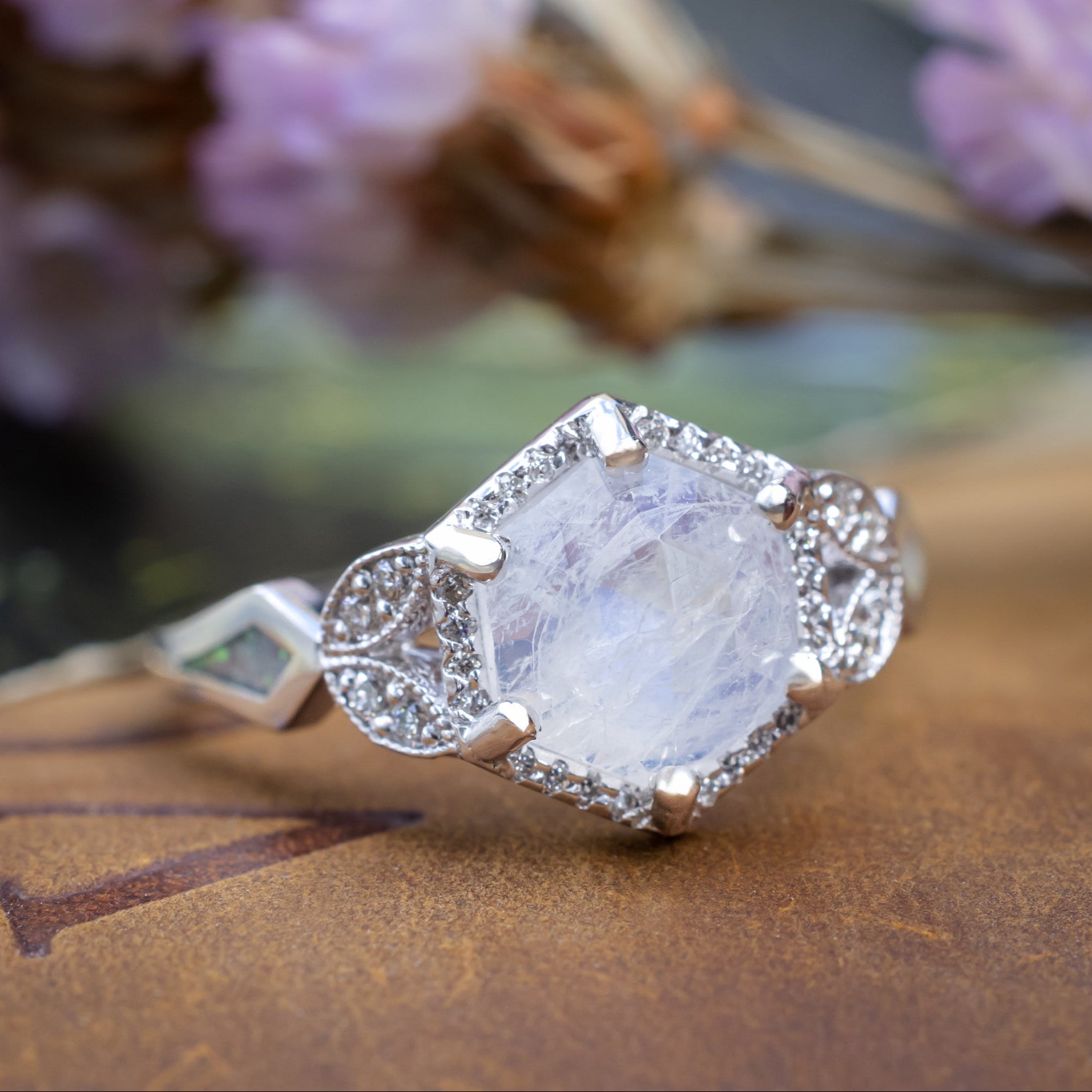 "Lucy In The Sky" - Faceted Hexagon Cut Moonstone Wedding Band With Diamond Halo, Custom Inlays & A Diamond Tracer-Staghead Designs