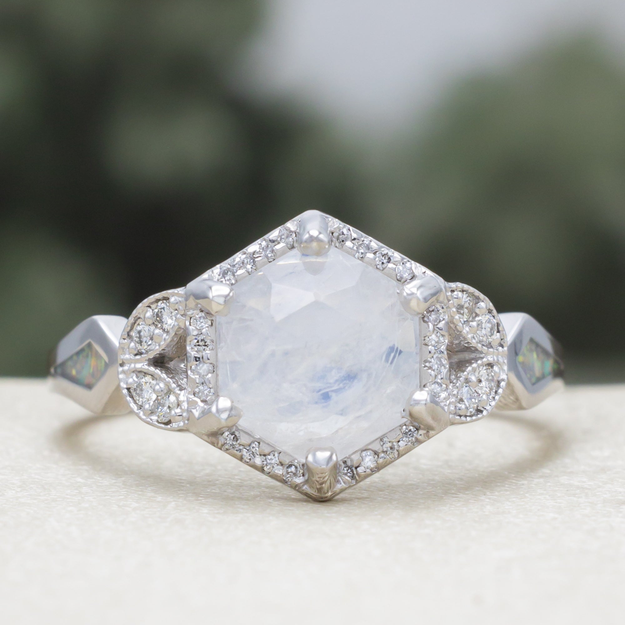 "Lucy In The Sky" - Faceted Hexagon Cut Moonstone Wedding Band With Diamond Halo, Custom Inlays & A Diamond Tracer-Staghead Designs