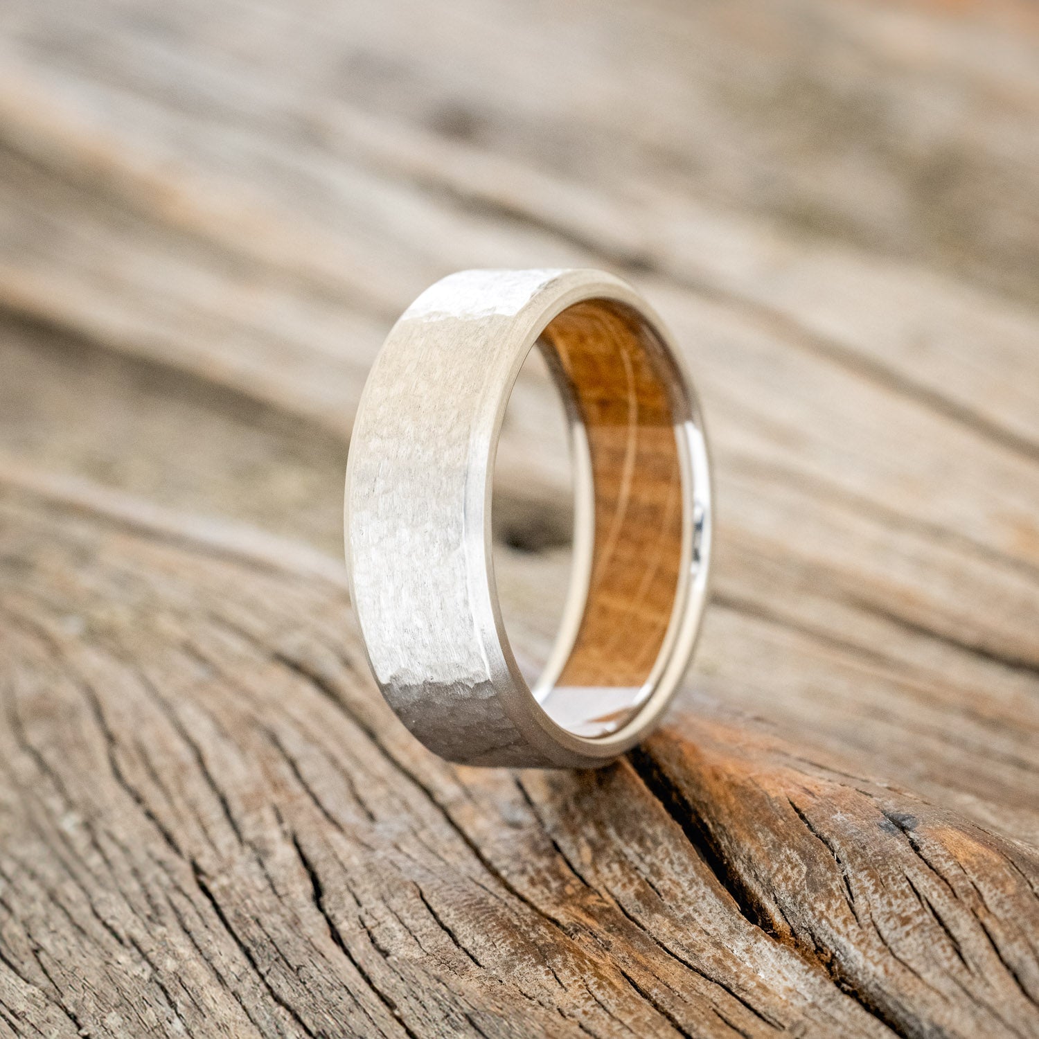 WHISKEY BARREL OAK LINED WEDDING BAND WITH HAMMERED FINISH - READY TO SHIP-1