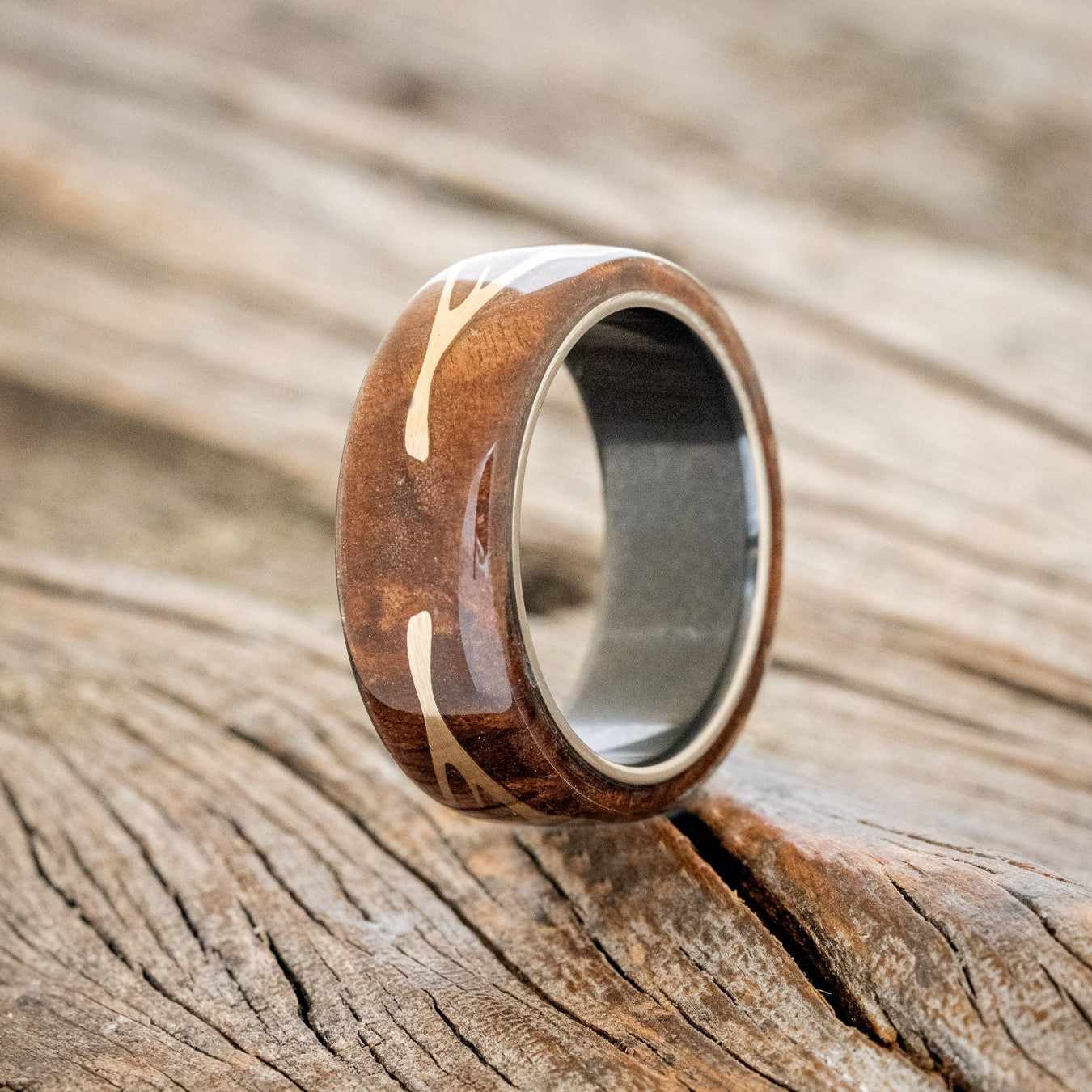"WILDER" - CUSTOM DESIGN WEDDING BAND WITH REDWOOD & 14K GOLD ANTLER INLAY-1