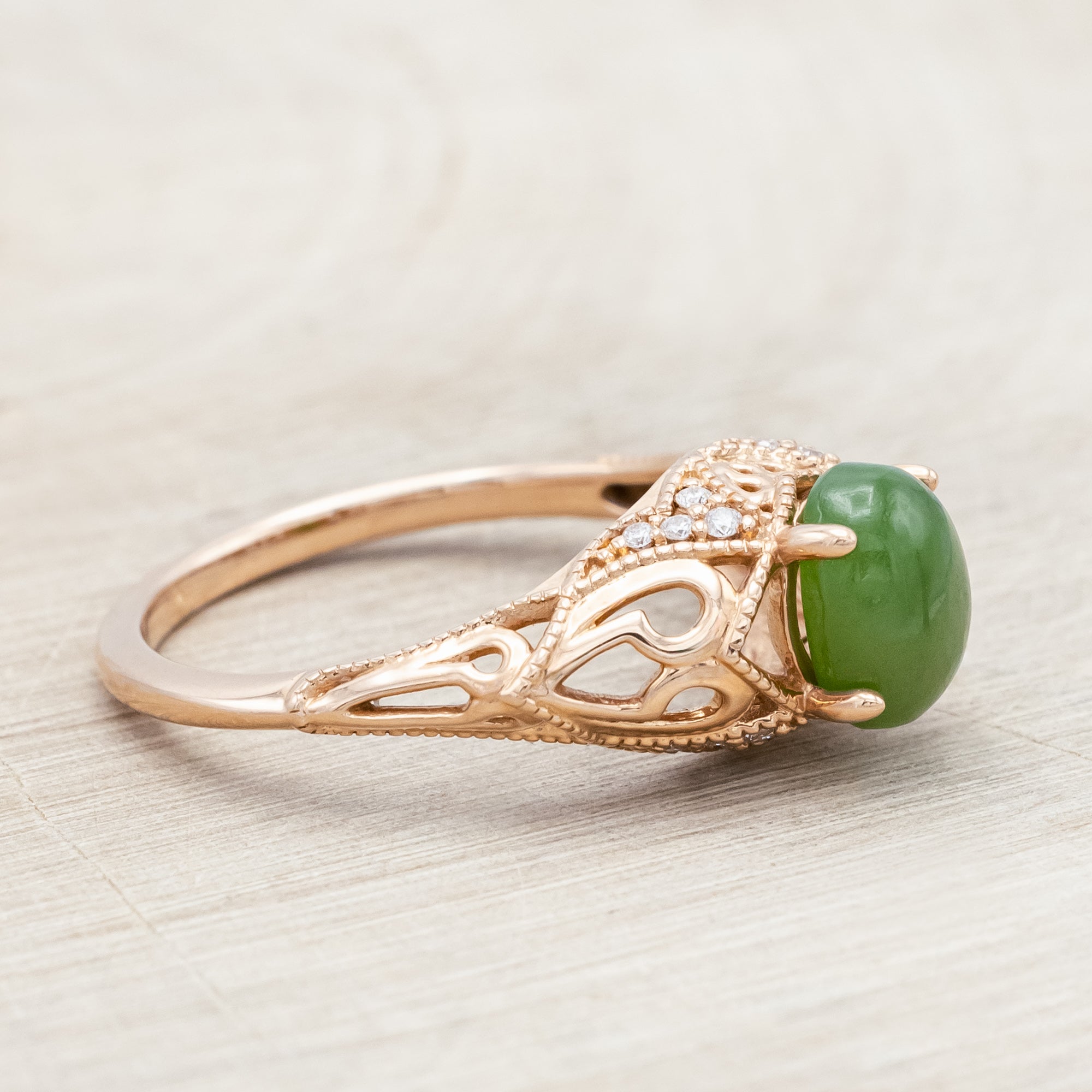 "RELICA" - OVAL CUT JADE ENGAGEMENT RING WITH DIAMOND ACCENTS - 14K ROSE GOLD - SIZE 7-Staghead Designs