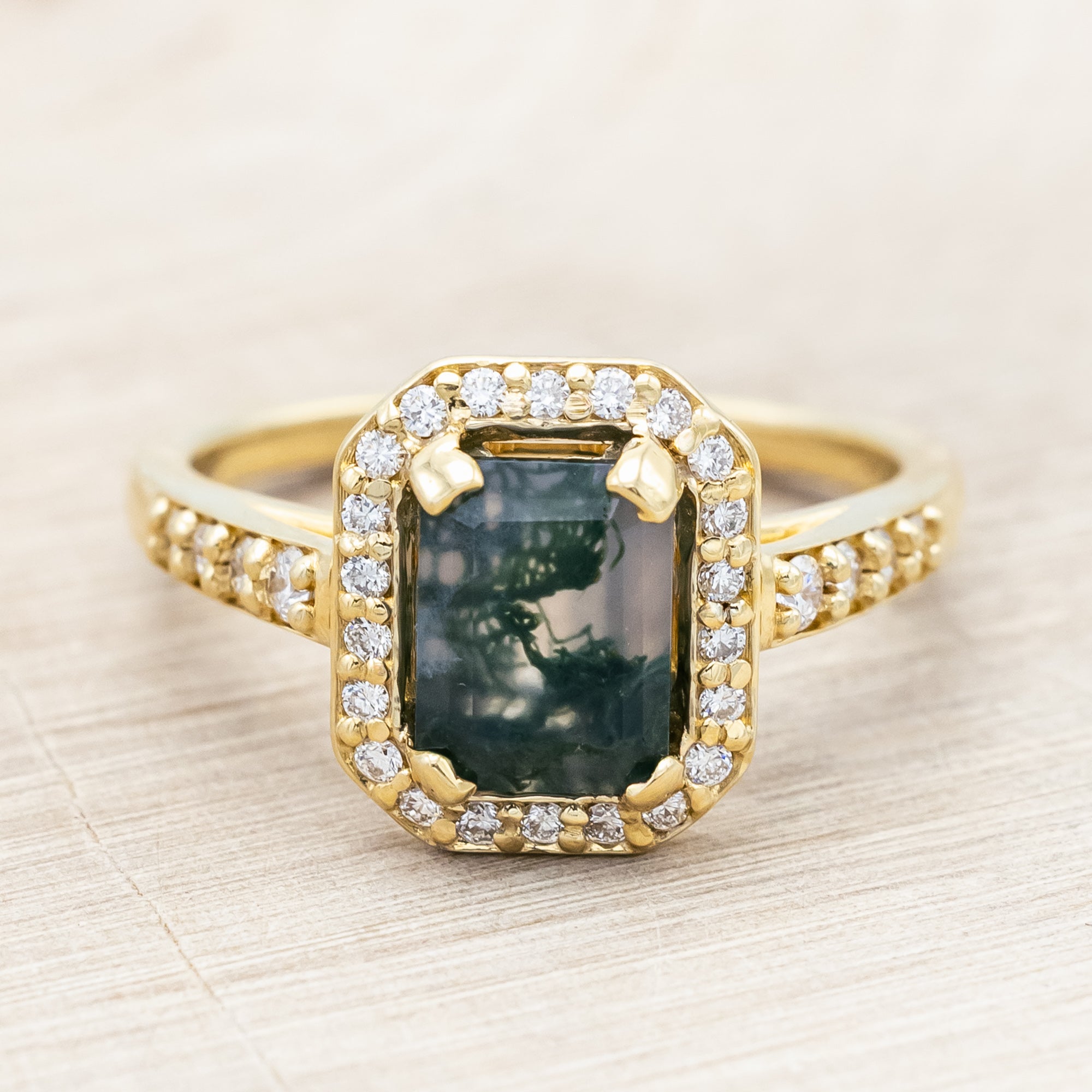 "KARLA" - EMERALD CUT ENGAGEMENT RING WITH DIAMOND HALO & ACCENTS-Staghead Designs