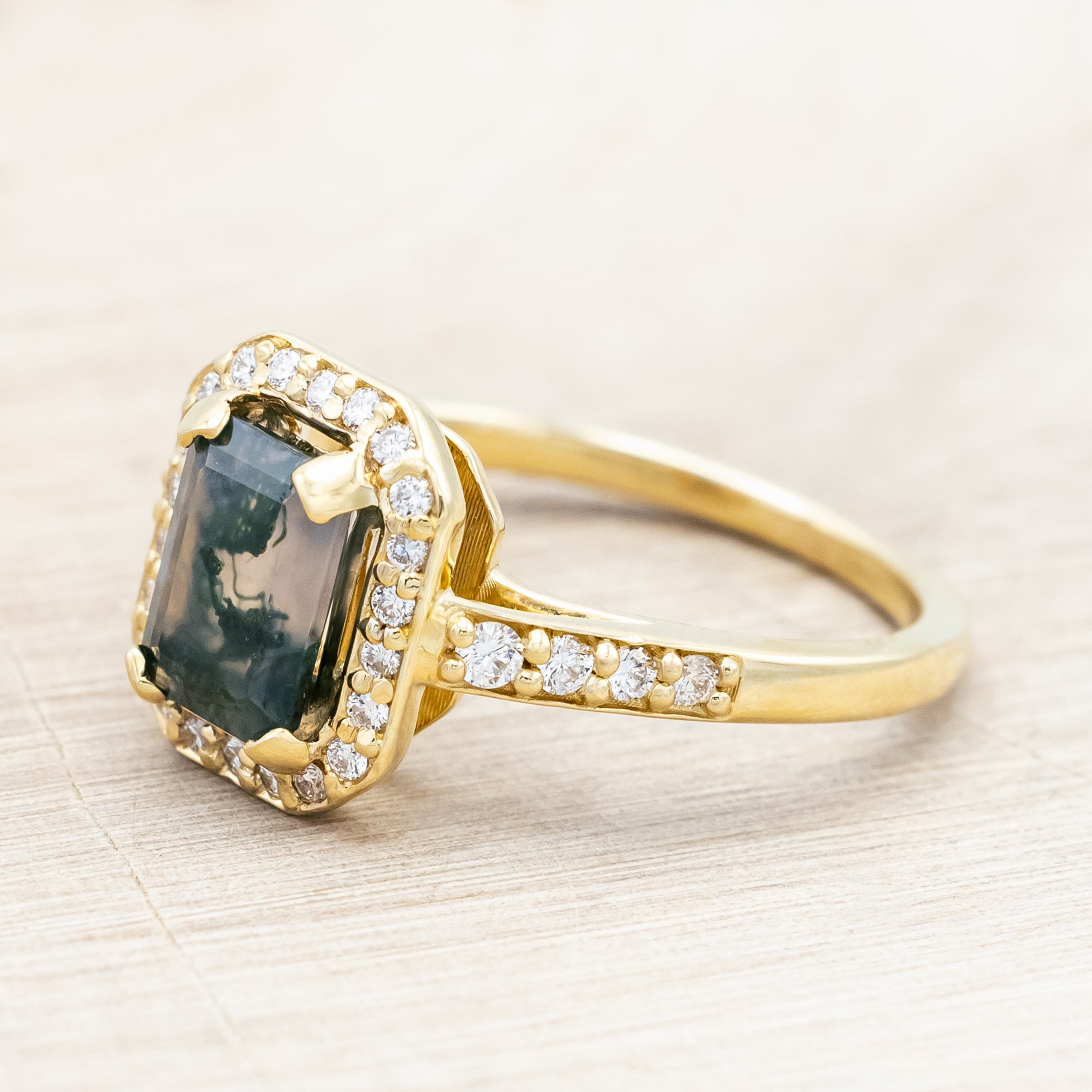 "KARLA" - EMERALD CUT ENGAGEMENT RING WITH DIAMOND HALO & ACCENTS-Staghead Designs