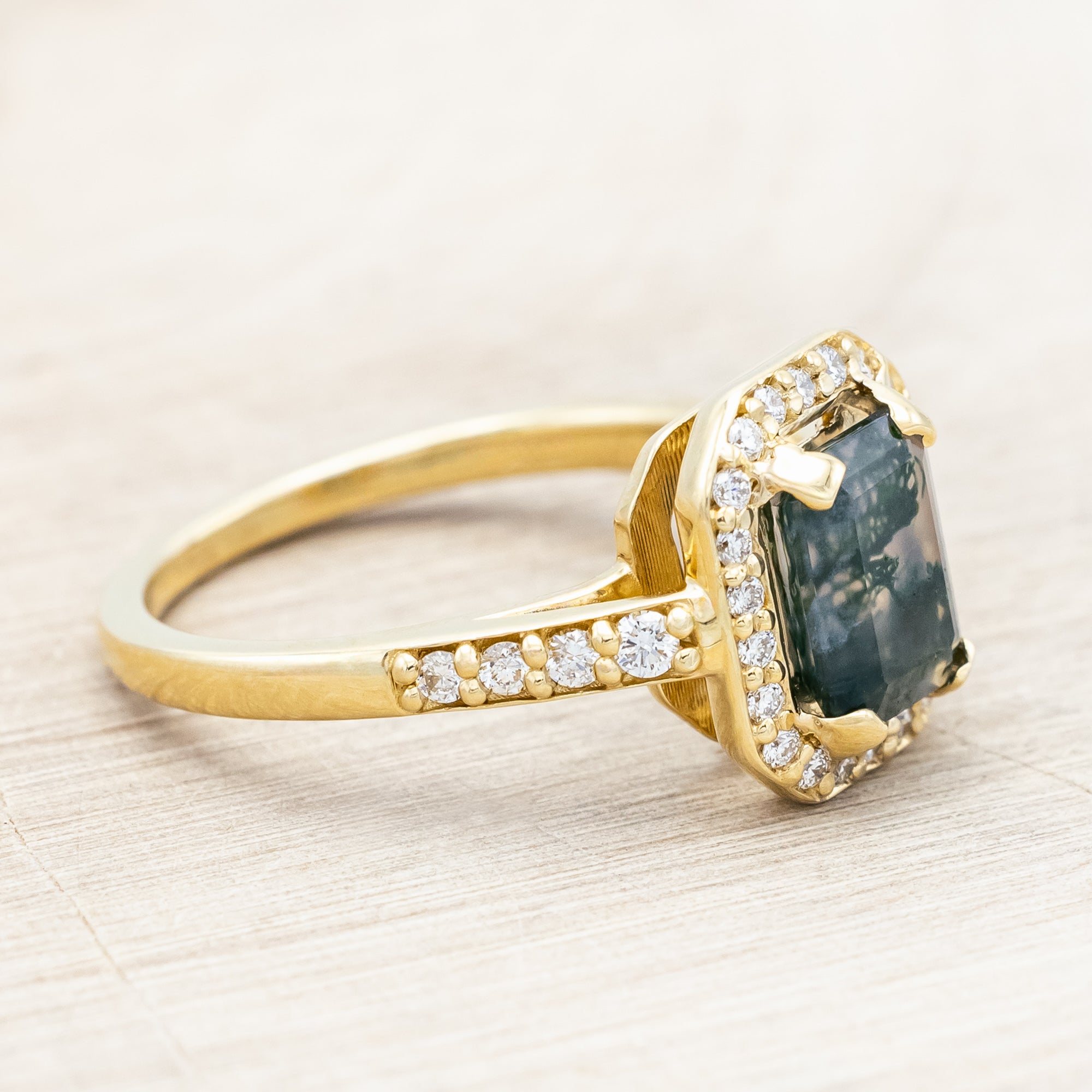 "KARLA" - EMERALD CUT ENGAGEMENT RING WITH DIAMOND HALO & ACCENTS-Staghead Designs