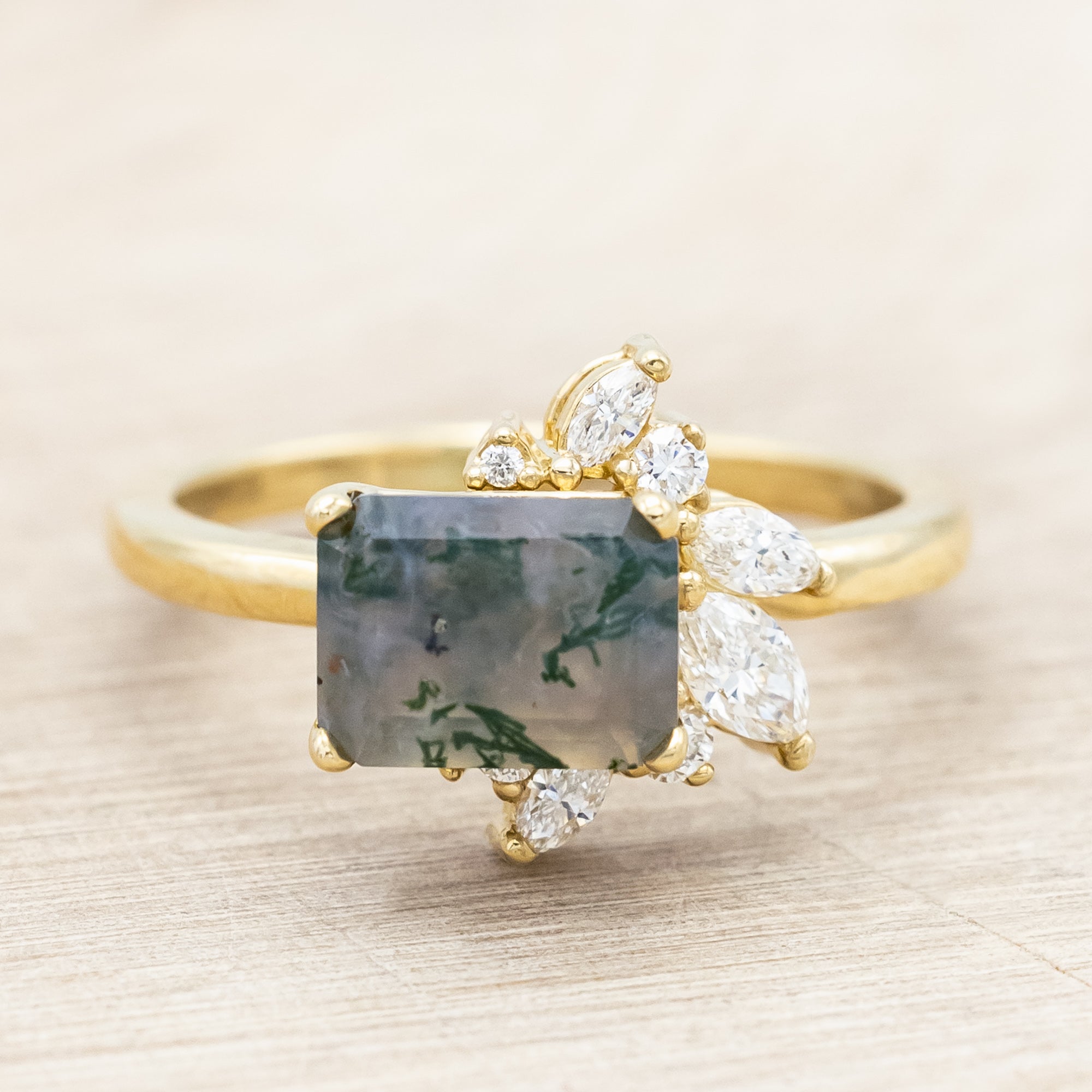 "AURAE" - EMERALD CUT MOSS AGATE ENGAGEMENT RING WITH DIAMOND ACCENTS-Staghead Designs