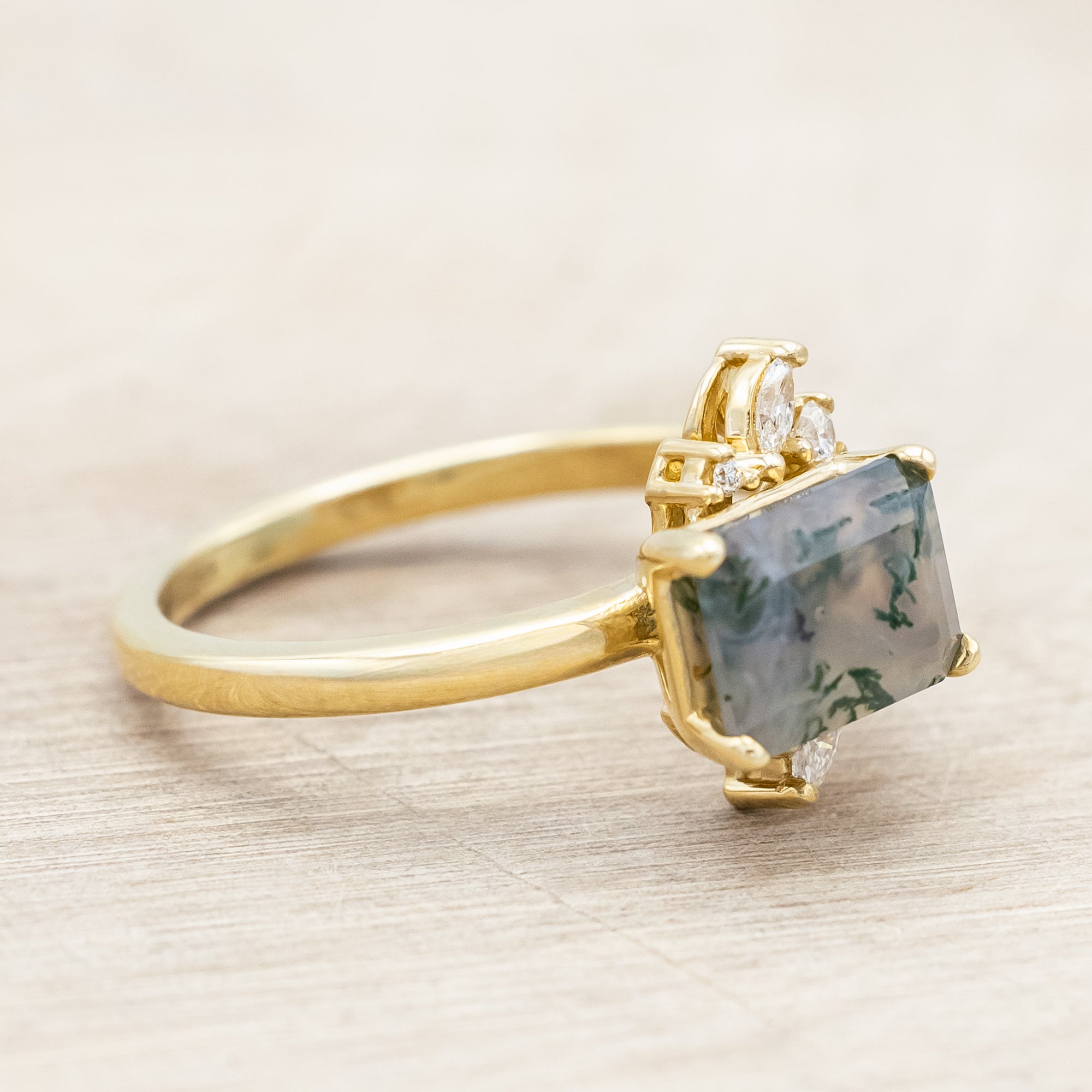 "AURAE" - EMERALD CUT MOSS AGATE ENGAGEMENT RING WITH DIAMOND ACCENTS-Staghead Designs