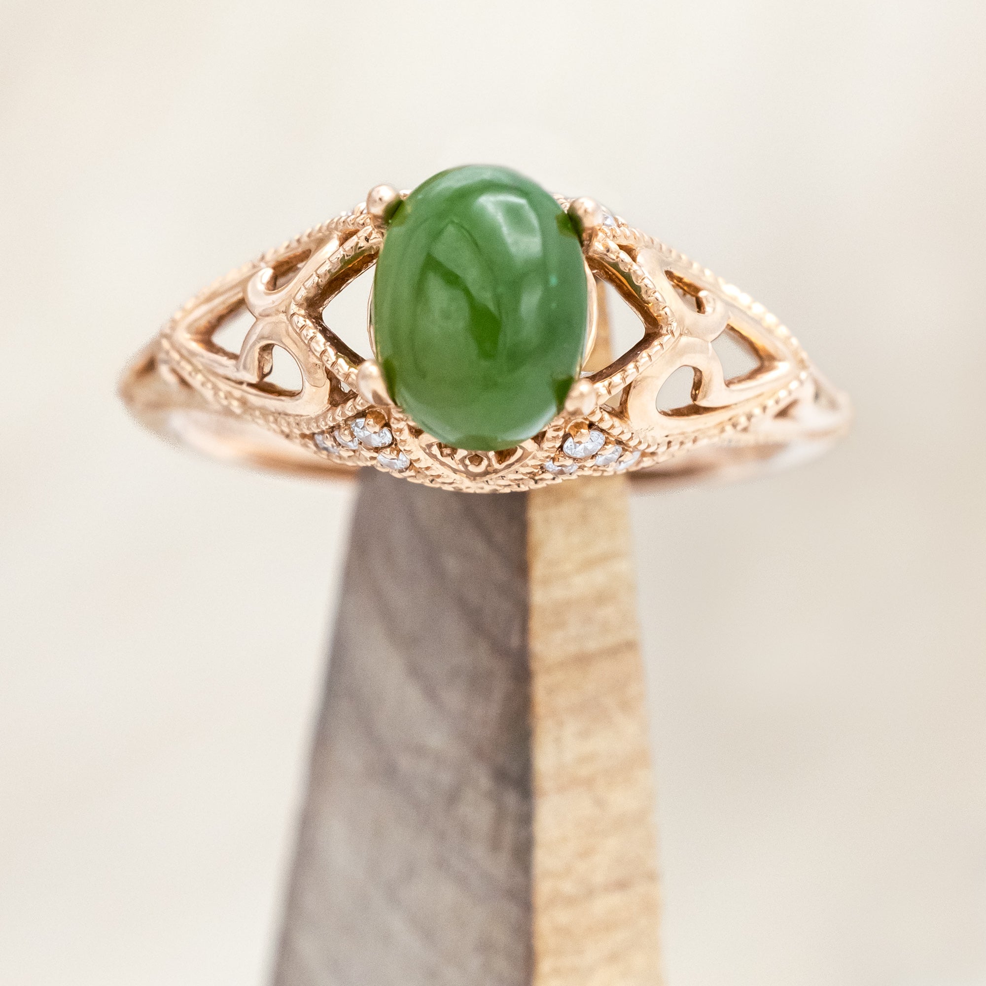 "RELICA" - OVAL CUT JADE ENGAGEMENT RING WITH DIAMOND ACCENTS - 14K ROSE GOLD - SIZE 7-Staghead Designs