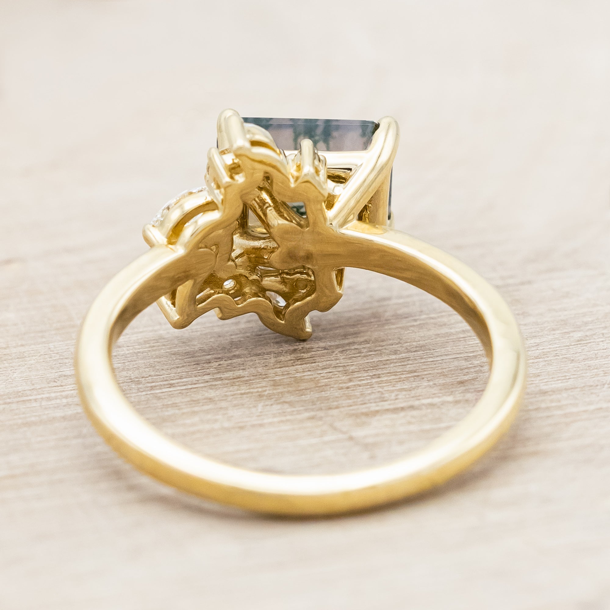 "AURAE" - EMERALD CUT MOSS AGATE ENGAGEMENT RING WITH DIAMOND ACCENTS-Staghead Designs