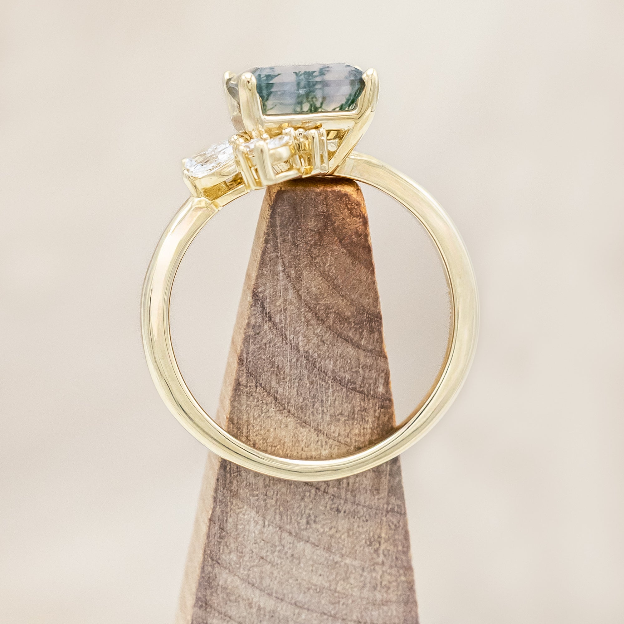 "AURAE" - EMERALD CUT MOSS AGATE ENGAGEMENT RING WITH DIAMOND ACCENTS-Staghead Designs