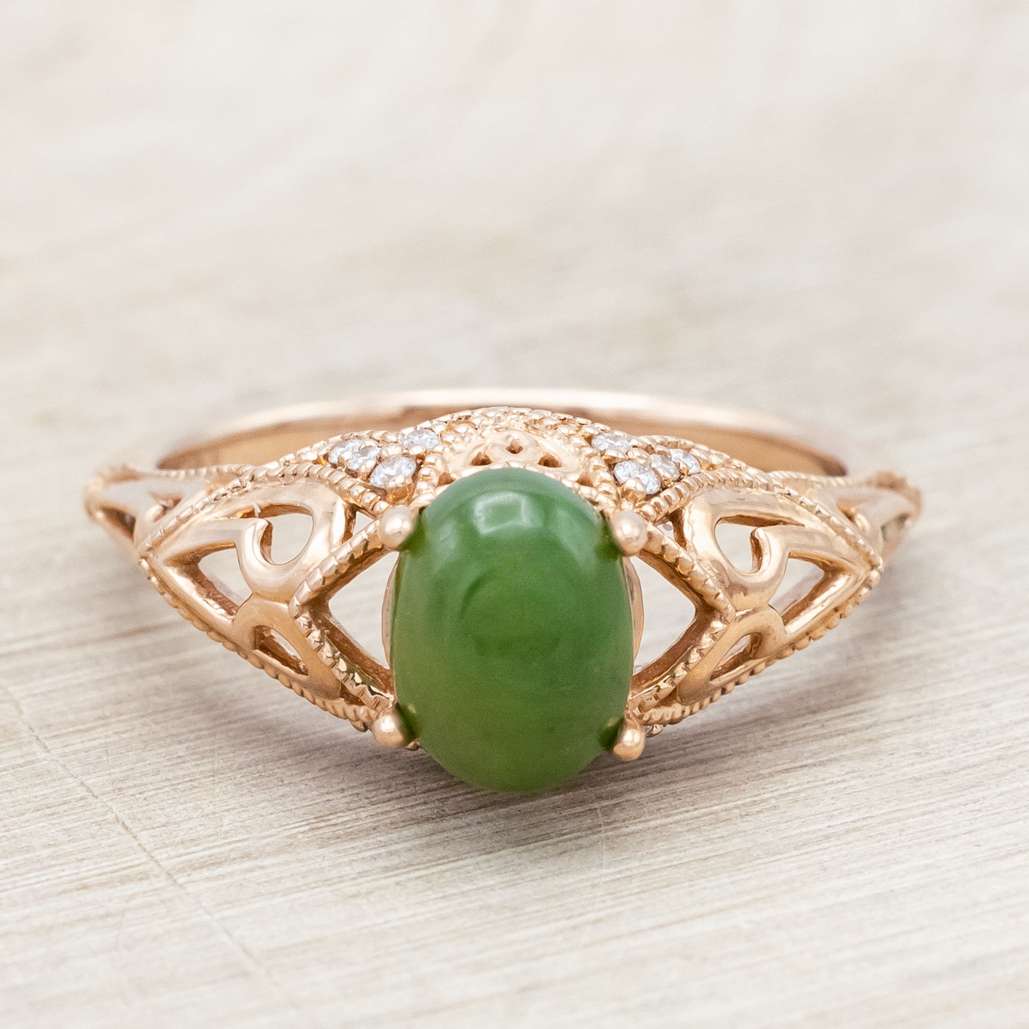 "RELICA" - OVAL CUT JADE ENGAGEMENT RING WITH DIAMOND ACCENTS - 14K ROSE GOLD - SIZE 7-Staghead Designs