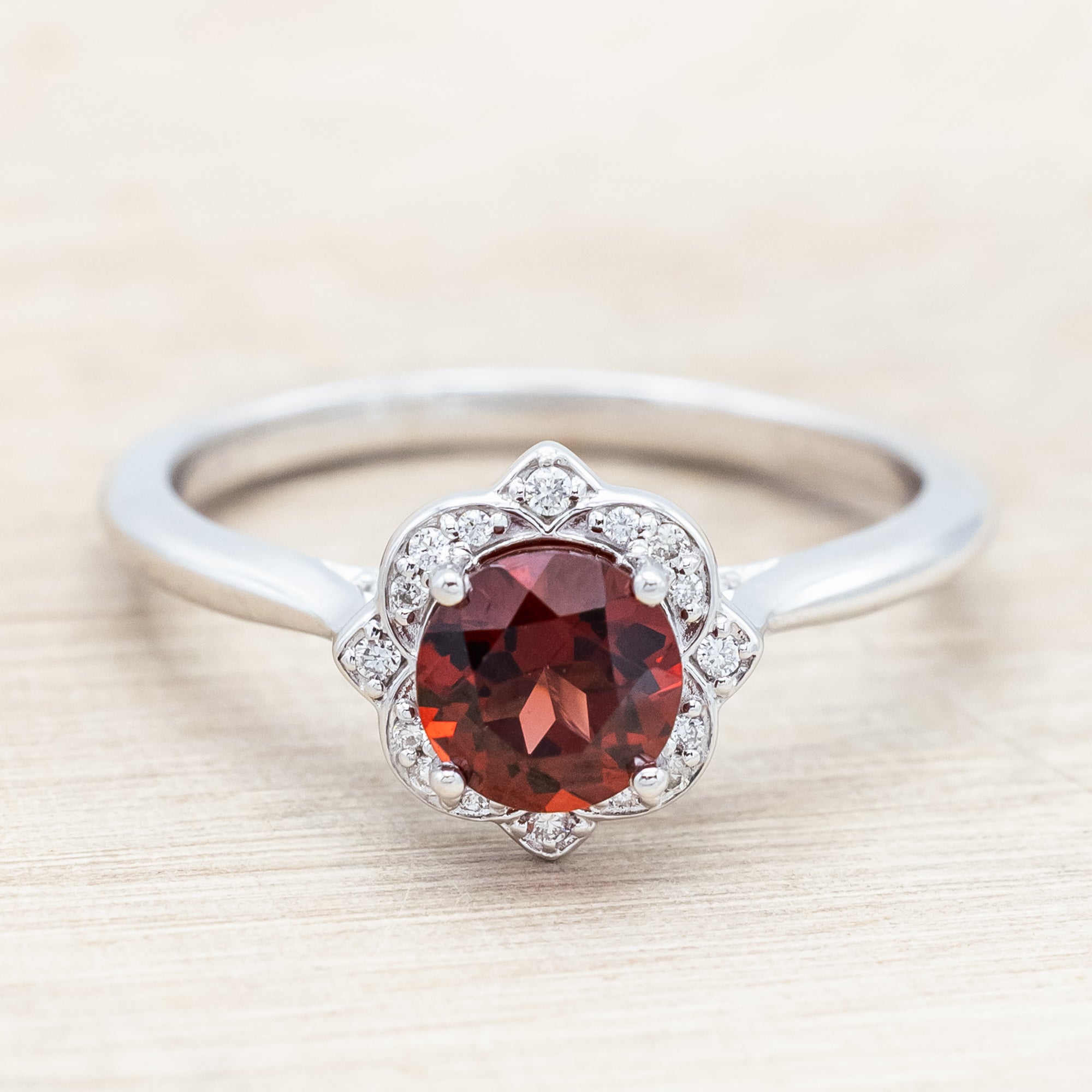 "JANE" - ROUND CUT MOZAMBIQUE GARNET ENGAGEMENT RING WITH DIAMOND ACCENTS - 14K WHITE GOLD - SIZE 7-Staghead Designs