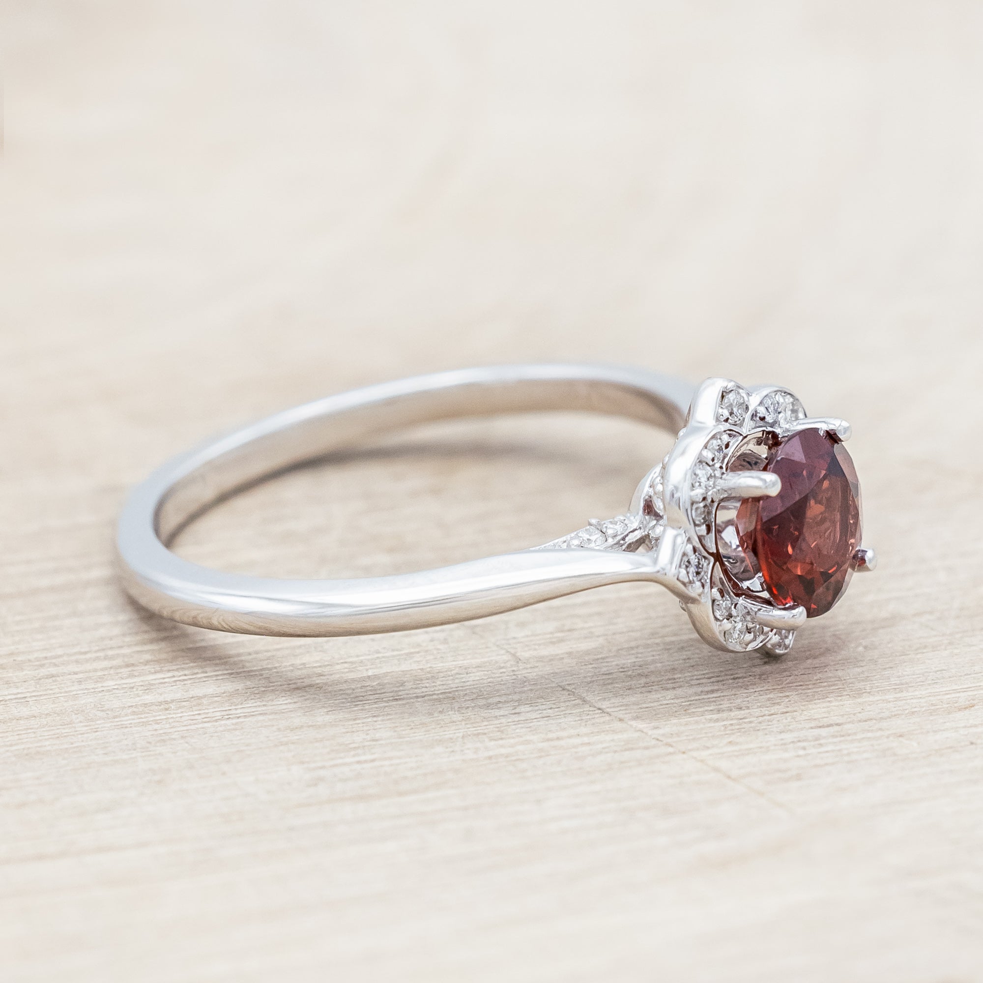 "JANE" - ROUND CUT MOZAMBIQUE GARNET ENGAGEMENT RING WITH DIAMOND ACCENTS - 14K WHITE GOLD - SIZE 7-Staghead Designs