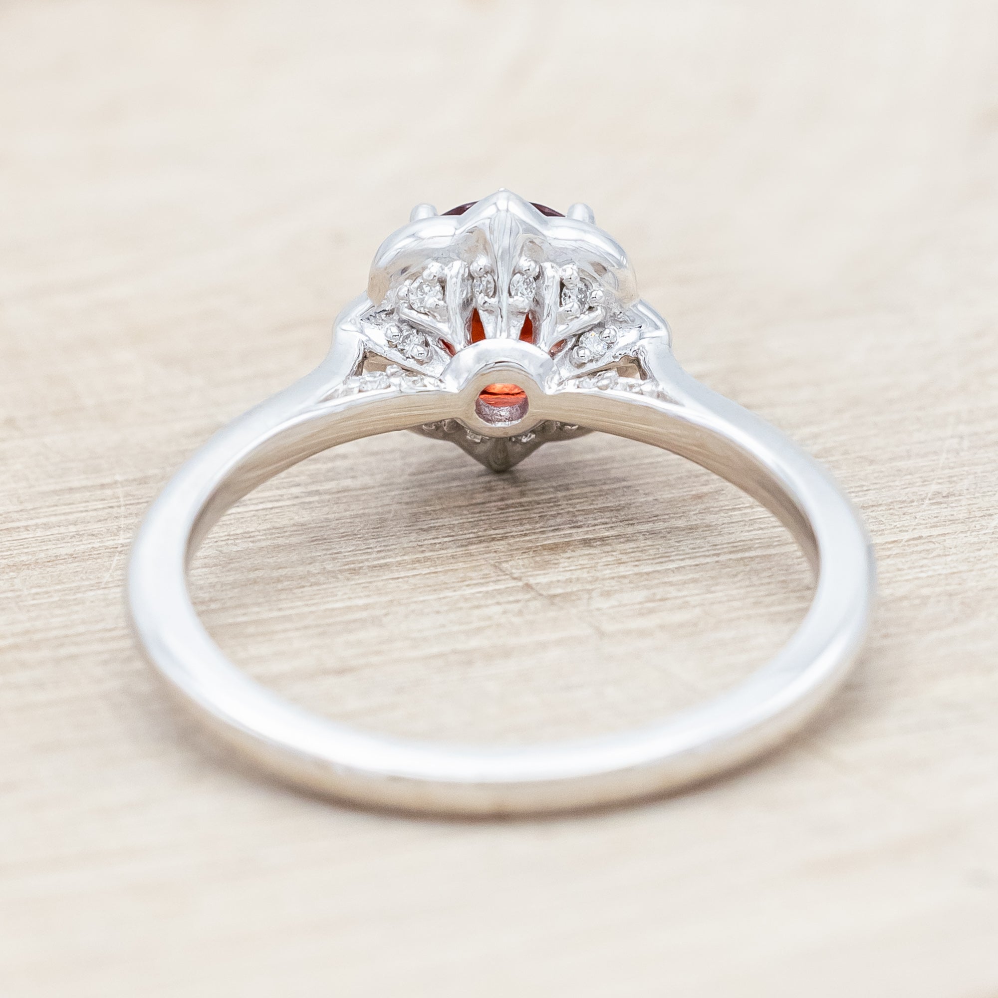 "JANE" - ROUND CUT MOZAMBIQUE GARNET ENGAGEMENT RING WITH DIAMOND ACCENTS - 14K WHITE GOLD - SIZE 7-Staghead Designs