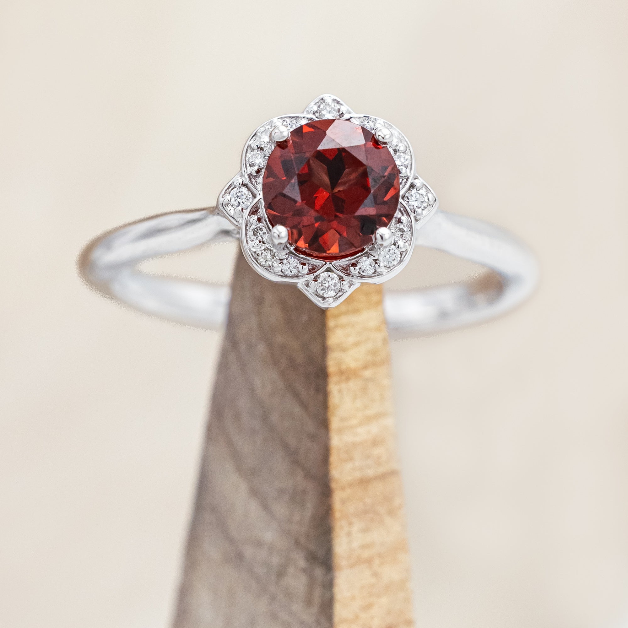 "JANE" - ROUND CUT MOZAMBIQUE GARNET ENGAGEMENT RING WITH DIAMOND ACCENTS - 14K WHITE GOLD - SIZE 7-Staghead Designs