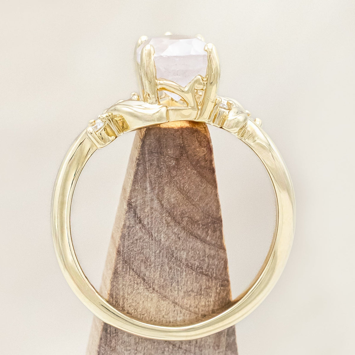 "GLADYS" - PEAR CUT ROSE QUARTZ ENGAGEMENT RING WITH DIAMOND ACCENTS - 14K YELLOW GOLD - SIZE 5 3/4-Staghead Designs