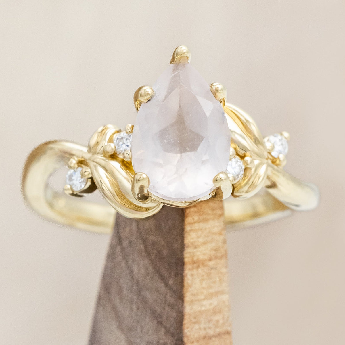 "GLADYS" - PEAR CUT ROSE QUARTZ ENGAGEMENT RING WITH DIAMOND ACCENTS - 14K YELLOW GOLD - SIZE 5 3/4-Staghead Designs