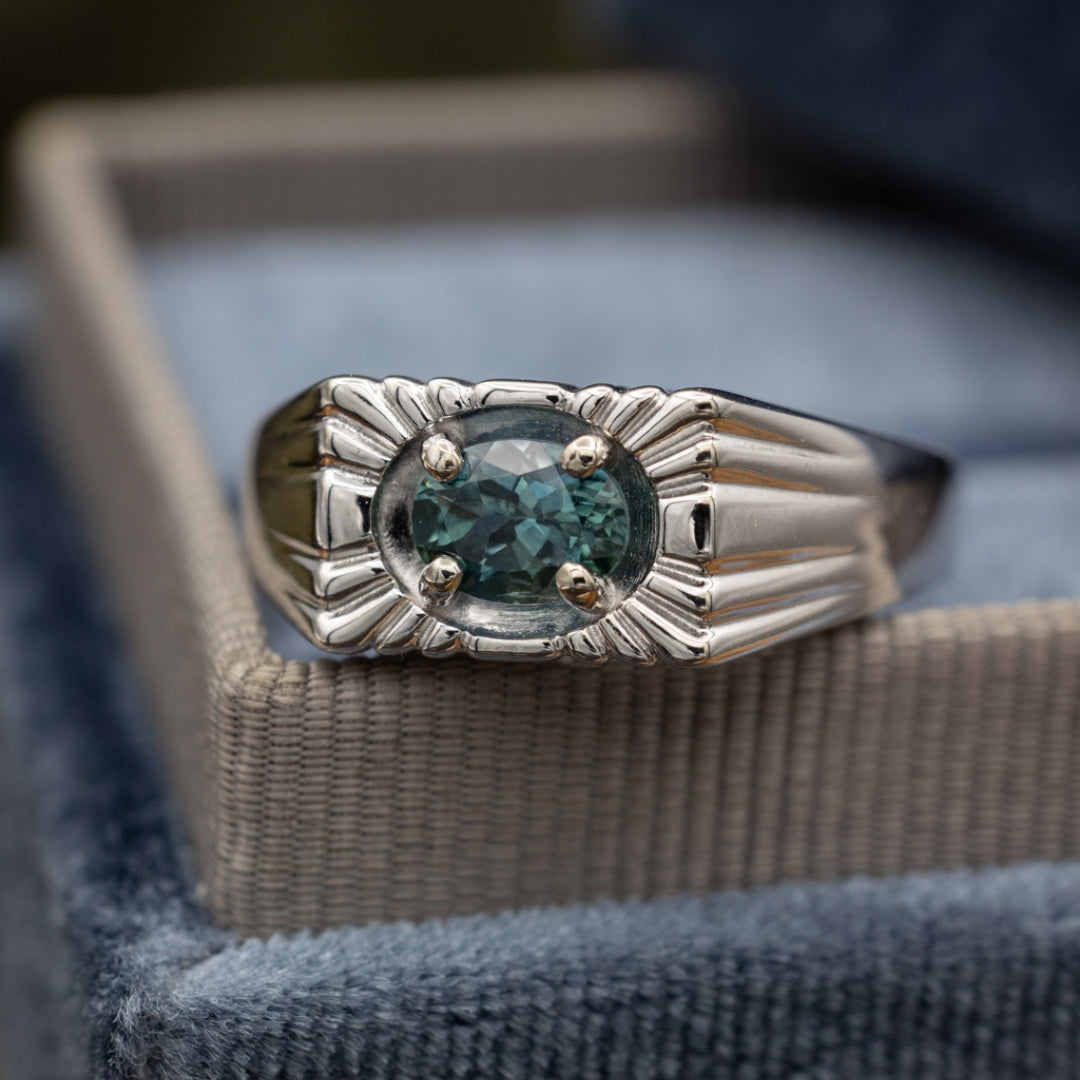 "Xavier" - Flat Top Men's Engagement Ring With Oval Cut Montana Sapphire-Staghead Designs