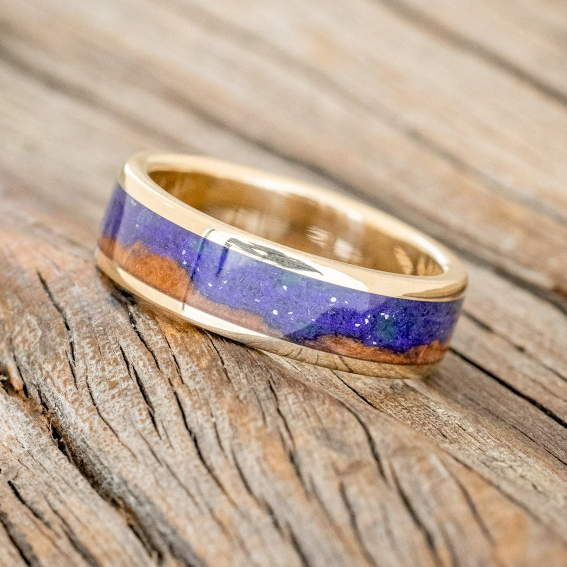 "BOREALIS" - MOUNTAIN ENGRAVED WEDDING RING WITH REDWOOD & GLOW IN THE DARK NORTHERN LIGHTS-1