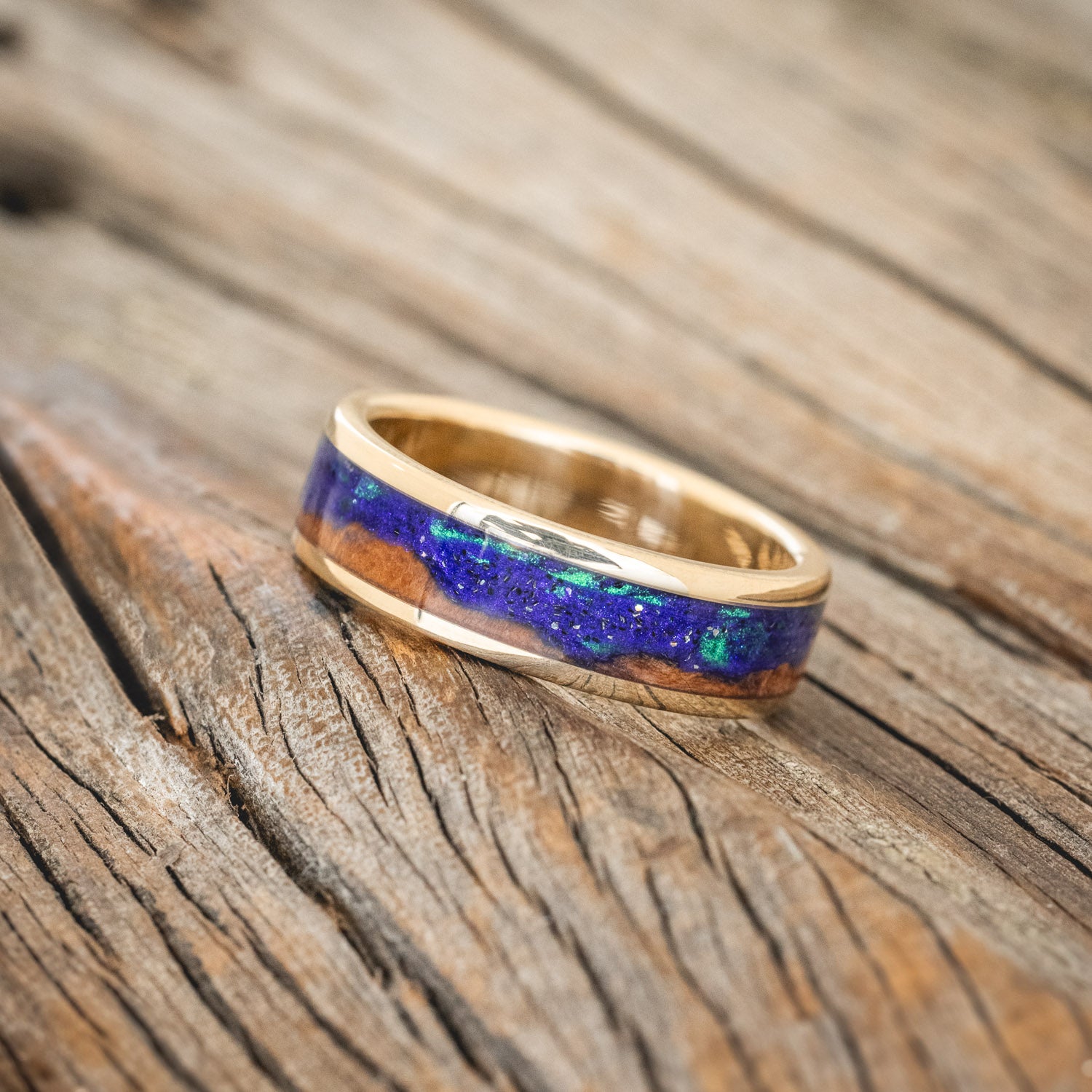 "BOREALIS" - MOUNTAIN ENGRAVED WEDDING RING WITH REDWOOD & GLOW IN THE DARK NORTHERN LIGHTS-5