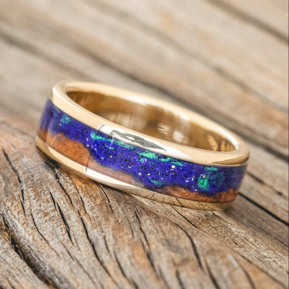 "Borealis" - Mountain Engraved Wedding Ring With Redwood & Glow In The Dark Northern Lights-Staghead Designs