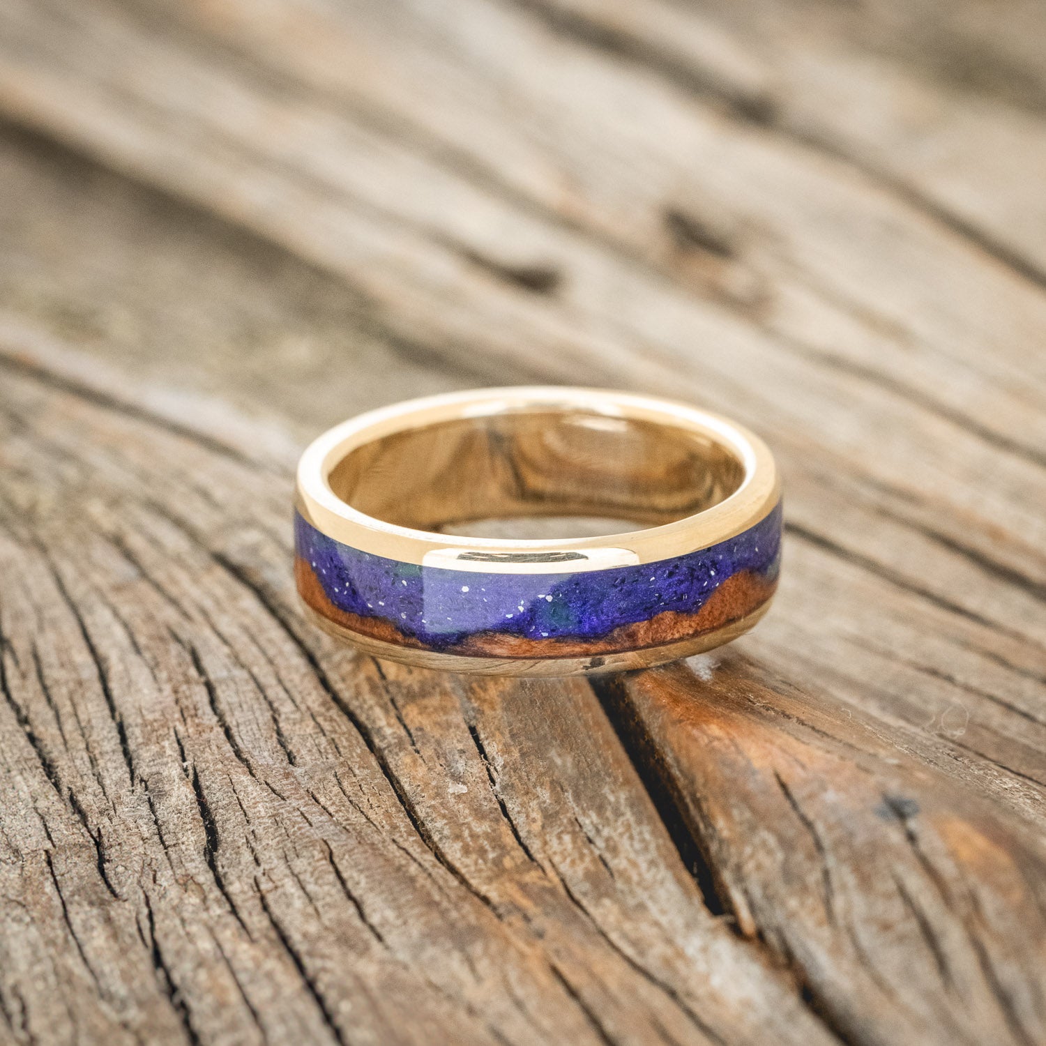 "BOREALIS" - MOUNTAIN ENGRAVED WEDDING RING WITH REDWOOD & GLOW IN THE DARK NORTHERN LIGHTS-3