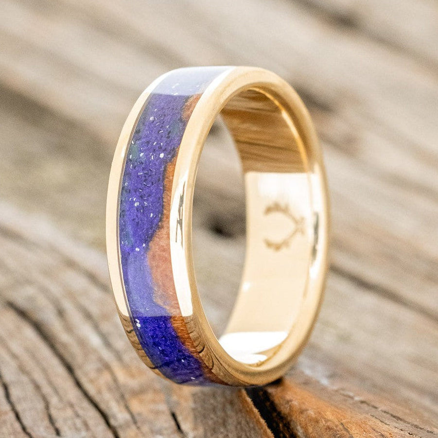 "BOREALIS" - MOUNTAIN ENGRAVED WEDDING RING WITH REDWOOD & GLOW IN THE DARK NORTHERN LIGHTS-2