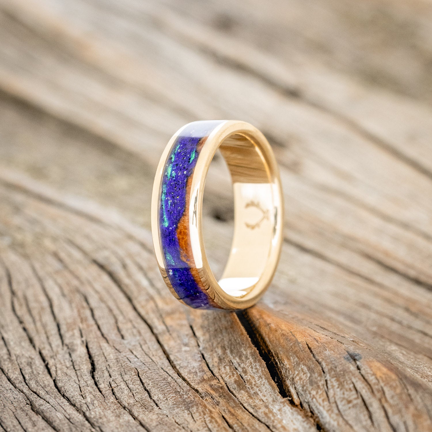 "BOREALIS" - MOUNTAIN ENGRAVED WEDDING RING WITH REDWOOD & GLOW IN THE DARK NORTHERN LIGHTS-4