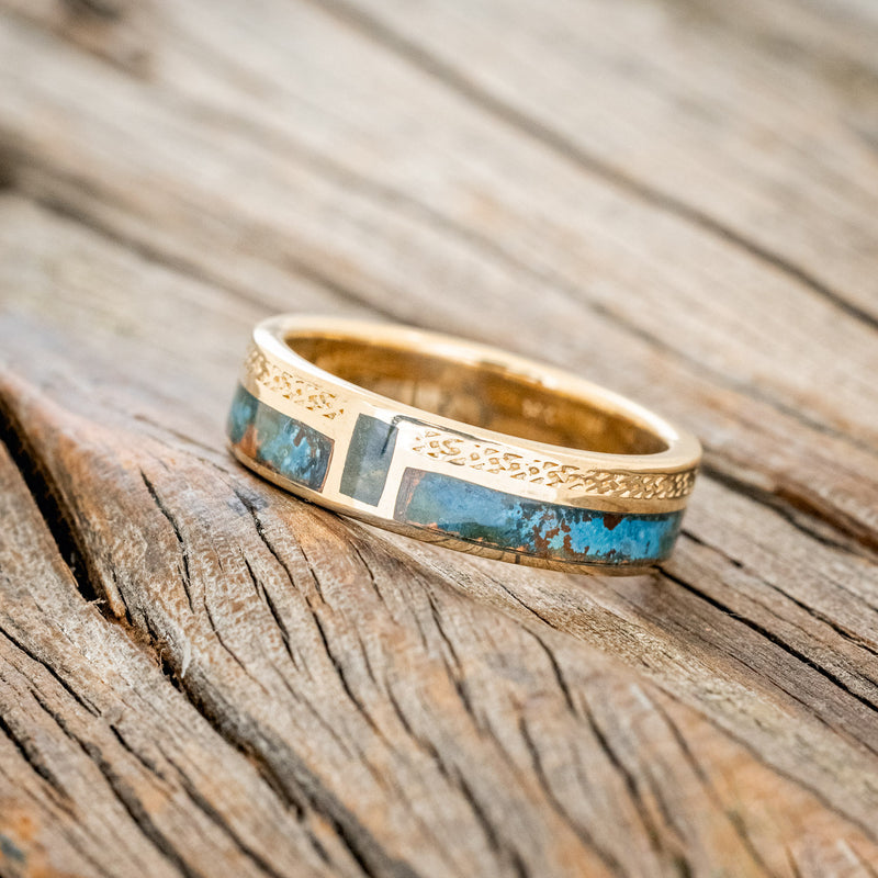 "BOWER" - PATINA COPPER & MOSS AGATE WEDDING BAND WITH CELTIC SAILOR'S KNOT ENGRAVINGS-2