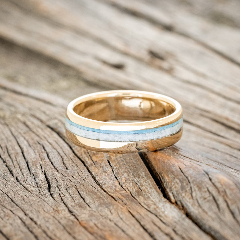 "CASTOR" - WHITE BUFFALO TURQUOISE & TURQUOISE WEDDING RING FEATURING A 14K GOLD BAND-3