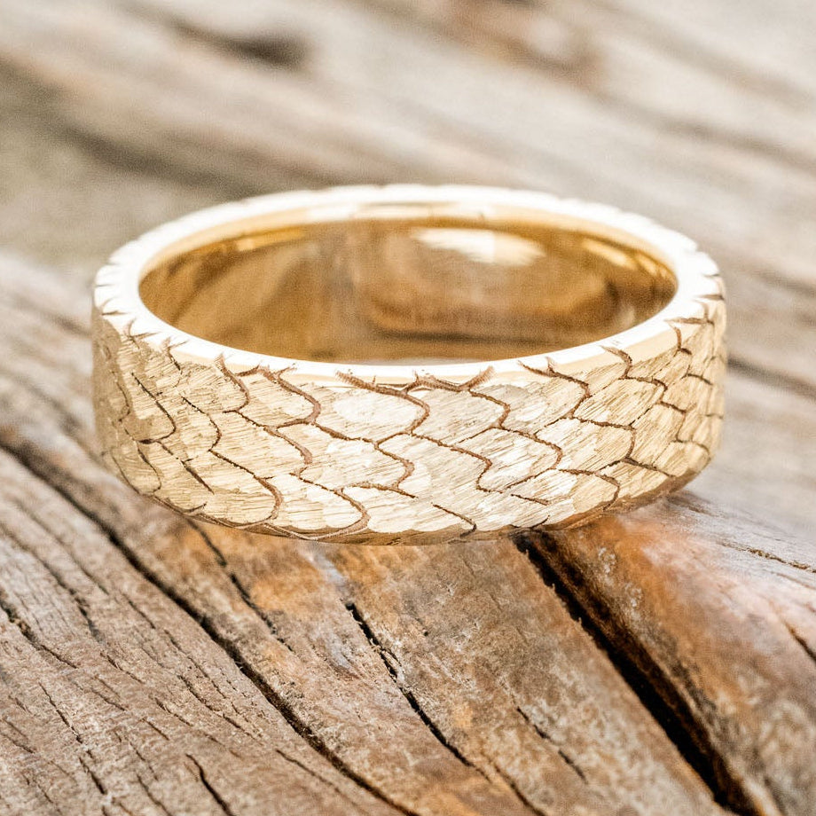 "Echo" - Hammered Custom Engraved Dragon Scale Wedding Ring-Staghead Designs