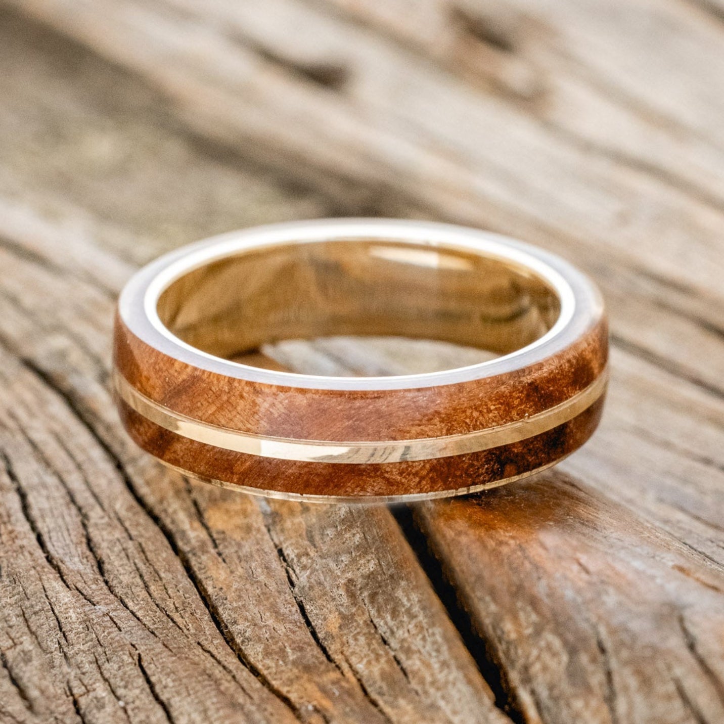 "GOLDEN" - REDWOOD & 14K GOLD INLAY WEDDING BAND-3