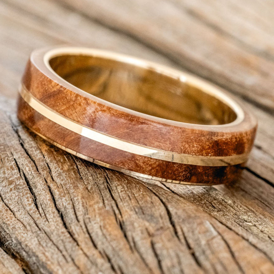"GOLDEN" - REDWOOD & 14K GOLD INLAY WEDDING BAND-2