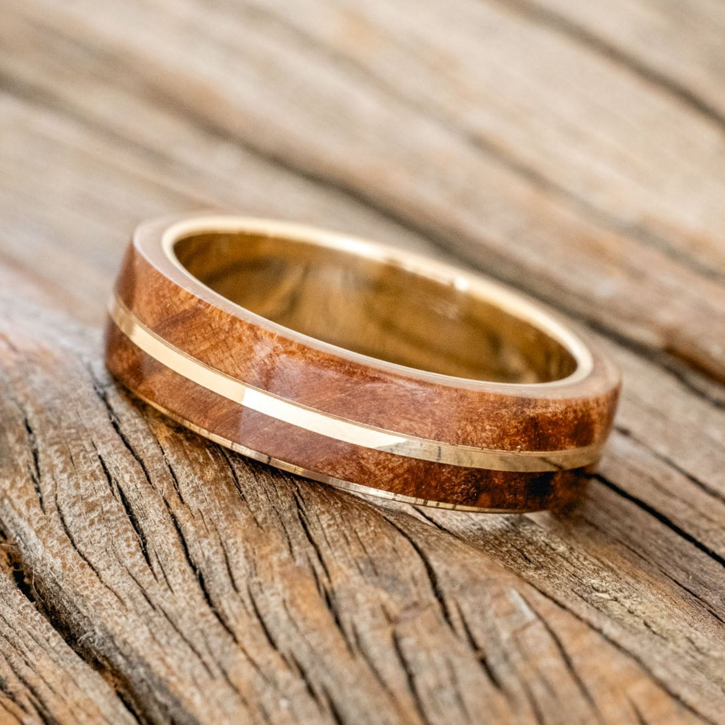 "GOLDEN" - REDWOOD & 14K GOLD INLAY WEDDING BAND-2