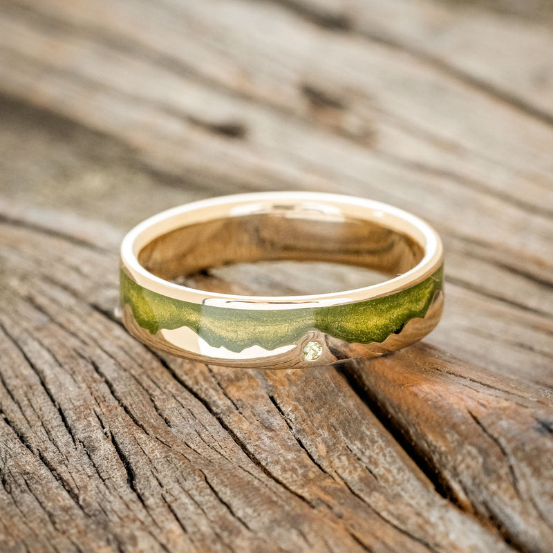 "HELIOS" - MYSTIC MOSS MOUNTAIN RANGE WEDDING RING FEATURING A PERIDOT ACCENT-3