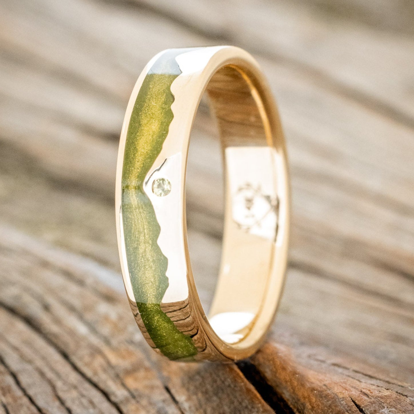 "HELIOS" - MYSTIC MOSS MOUNTAIN RANGE WEDDING RING FEATURING A PERIDOT ACCENT-2