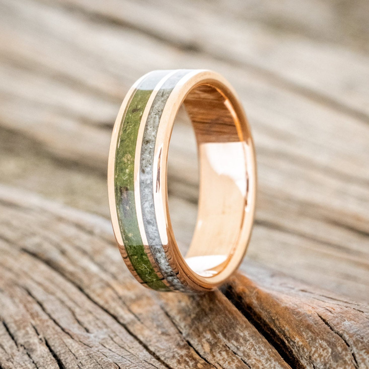 "RAPTOR" - MOSS WITH MOLDAVITE & MOONSTONE MIX WEDDING BAND-13