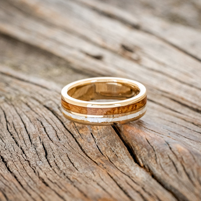 "RAPTOR" - MOTHER OF PEARL & WHISKEY BARREL OAK WEDDING BAND-6