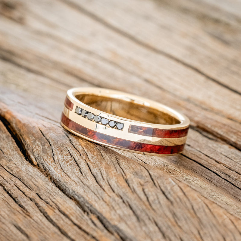 "TRIDENT" - RED PATINA COPPER & BLACK DIAMONDS WEDDING RING FEATURING A 14K GOLD BAND