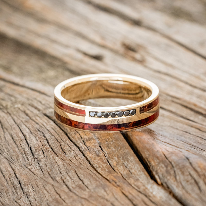 "TRIDENT" - RED PATINA COPPER & BLACK DIAMONDS WEDDING RING FEATURING A 14K GOLD BAND