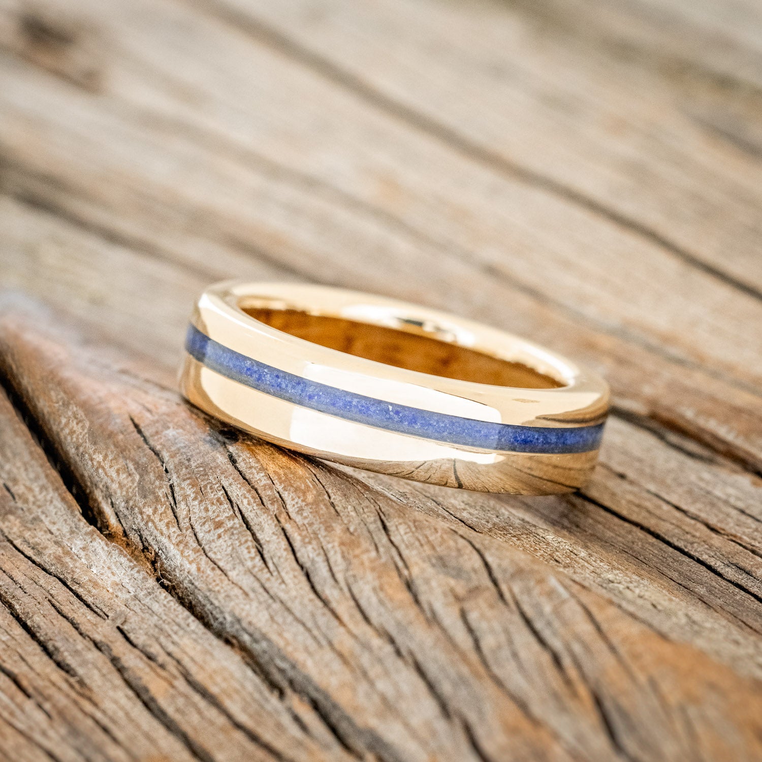 "VERTIGO" - LAPIS LAZULI WEDDING RING FEATURING A WHISKEY BARREL LINED BAND-2