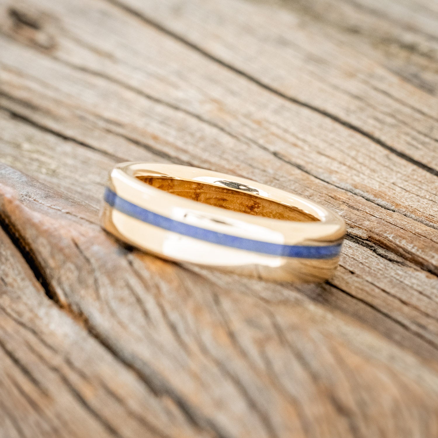 "VERTIGO" - LAPIS LAZULI WEDDING RING FEATURING A WHISKEY BARREL LINED BAND-5