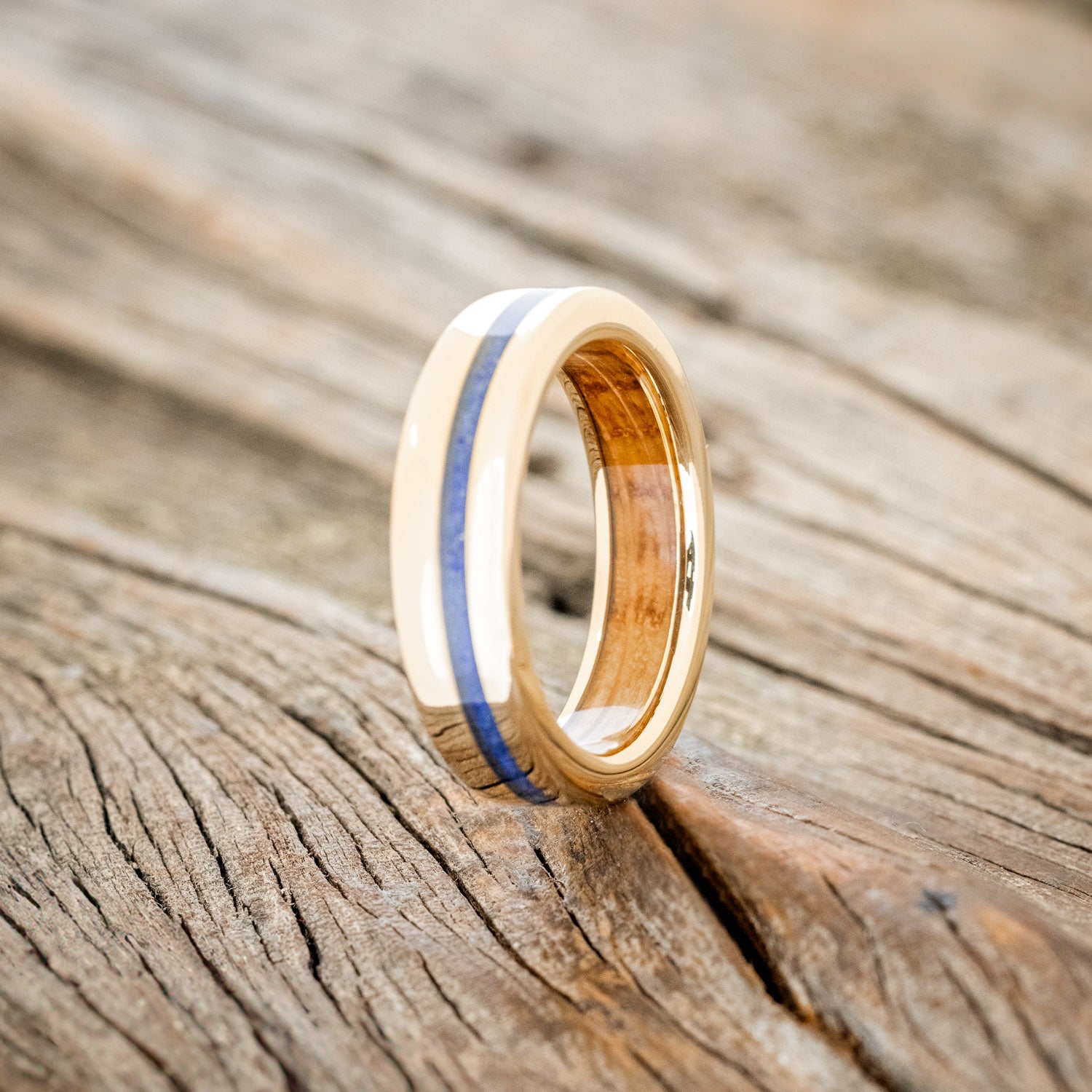 "VERTIGO" - LAPIS LAZULI WEDDING RING FEATURING A WHISKEY BARREL LINED BAND-4
