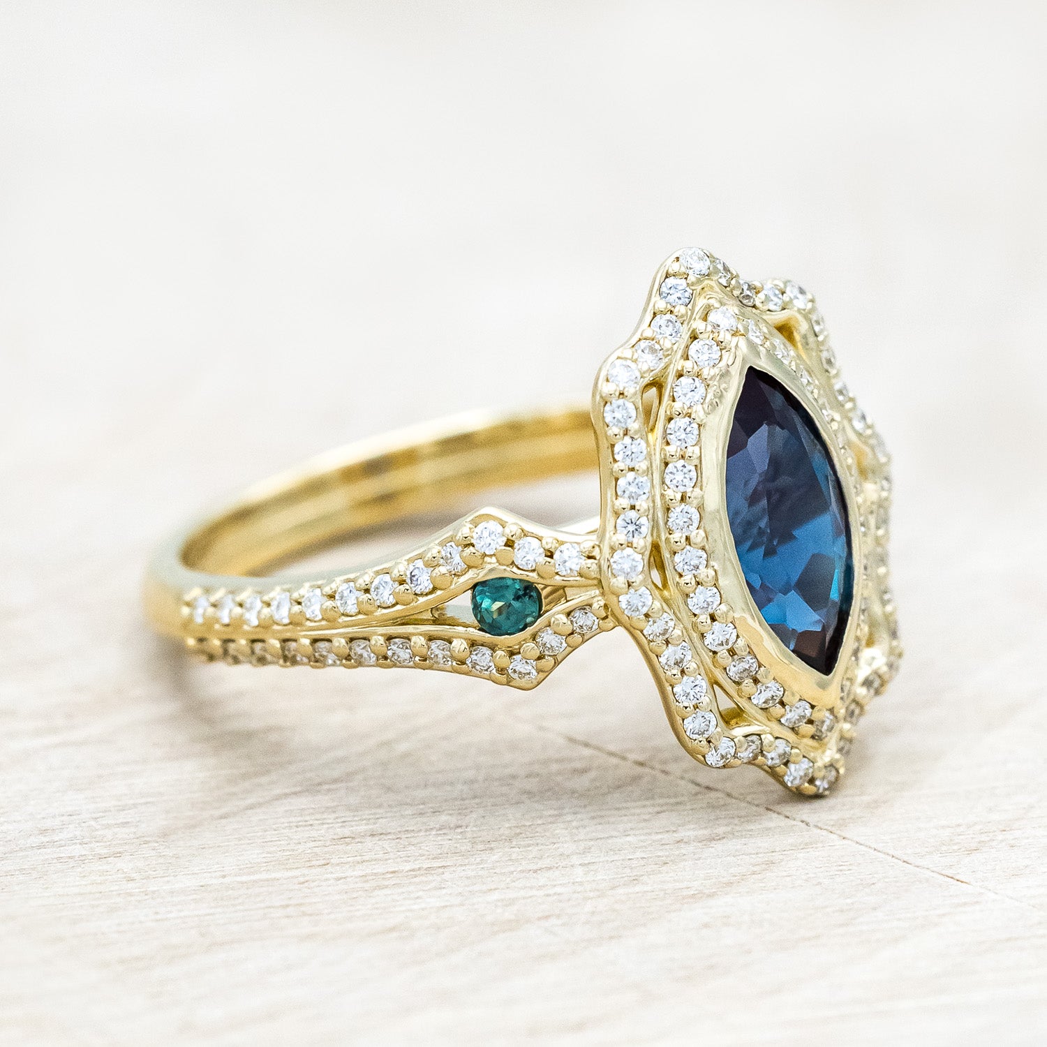 "ADELE" - MARQUISE CUT LAB-GROWN ALEXANDRITE ENGAGEMENT RING WITH LAB-GROWN ALEXANDRITE ACCENTS, DIAMOND HALO & TRACER-Staghead Designs