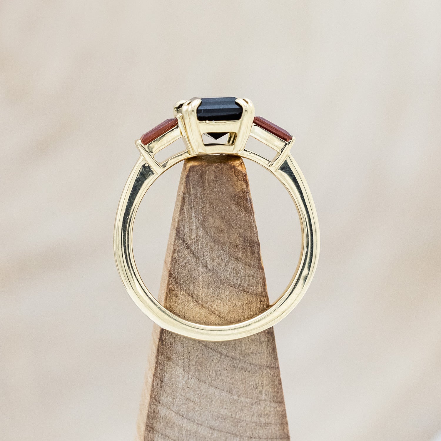 "ALBINA" - EMERALD CUT BLACK ONYX DOUBLE CLAW PRONG ENGAGEMENT RING WITH MOZAMBIQUE GARNET ACCENTS-Staghead Designs