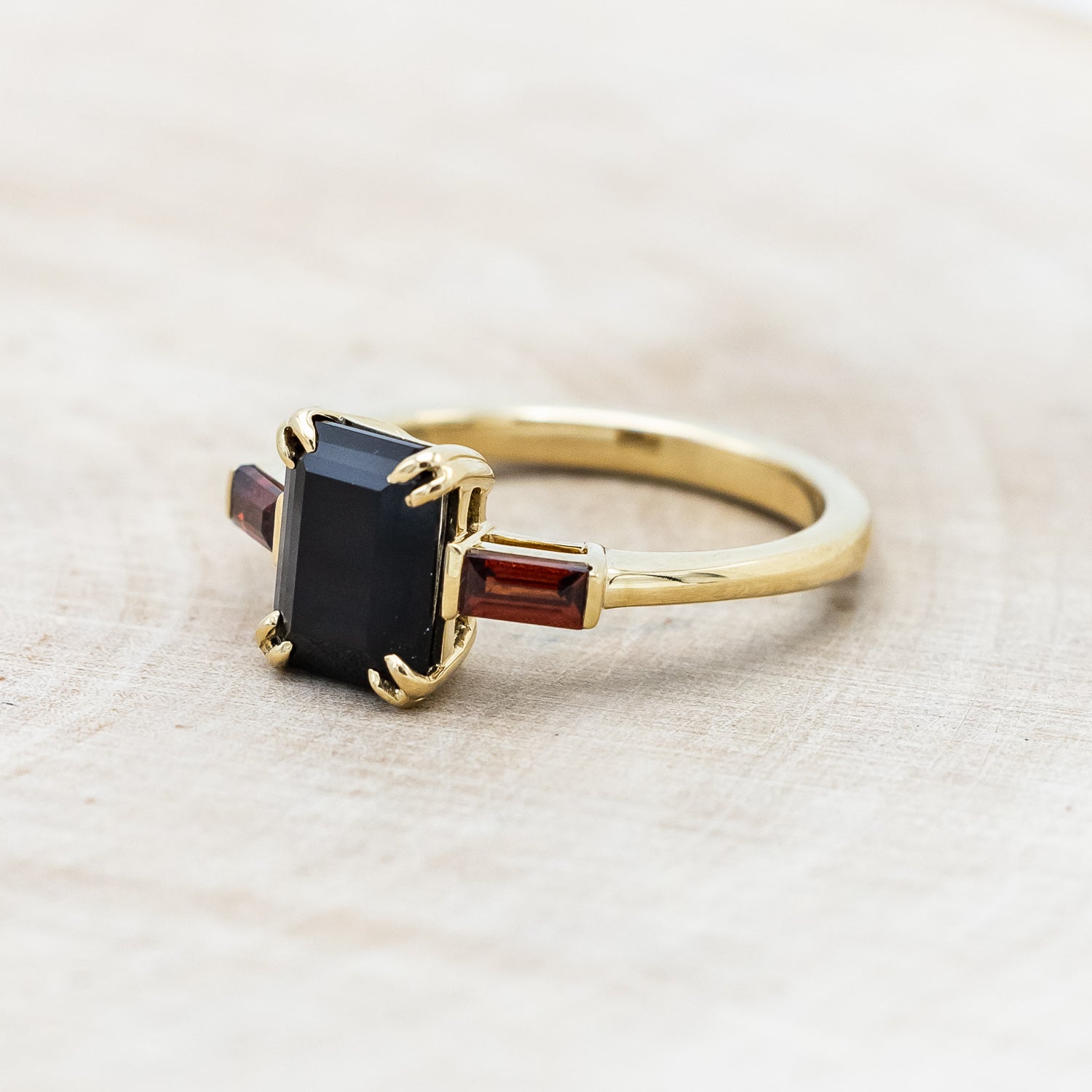 "ALBINA" - EMERALD CUT BLACK ONYX DOUBLE CLAW PRONG ENGAGEMENT RING WITH MOZAMBIQUE GARNET ACCENTS-Staghead Designs