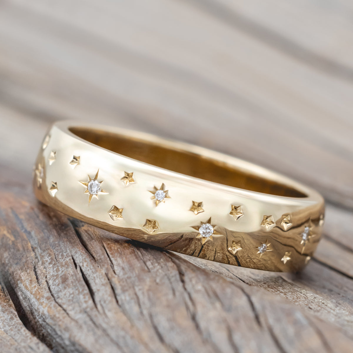 "Altair" - Celestial-Inspired Wedding Ring With Star Engravings & Diamond Accents