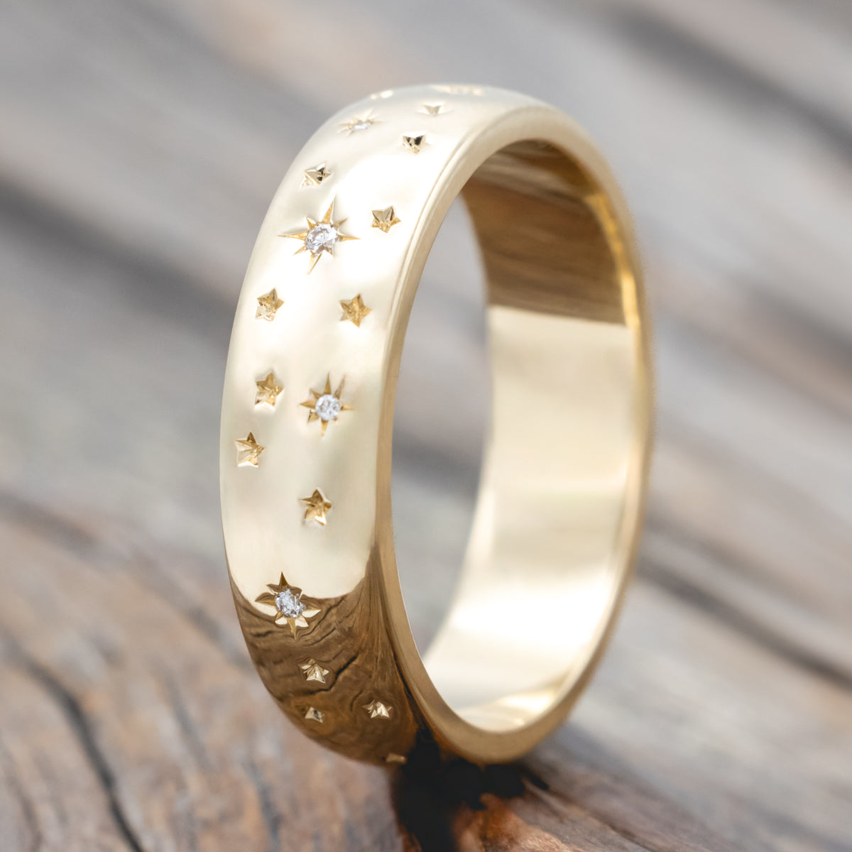 "Altair" - Celestial-Inspired Wedding Ring With Star Engravings & Diamond Accents