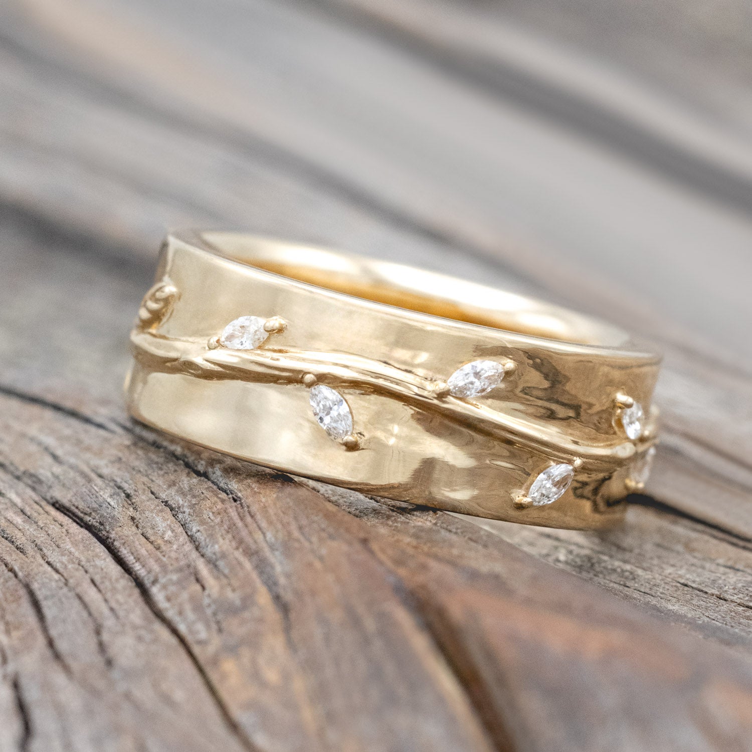 "Alwin" - men's wedding ring with embossed vines wrapping around the band & diamond accents in 14K gold